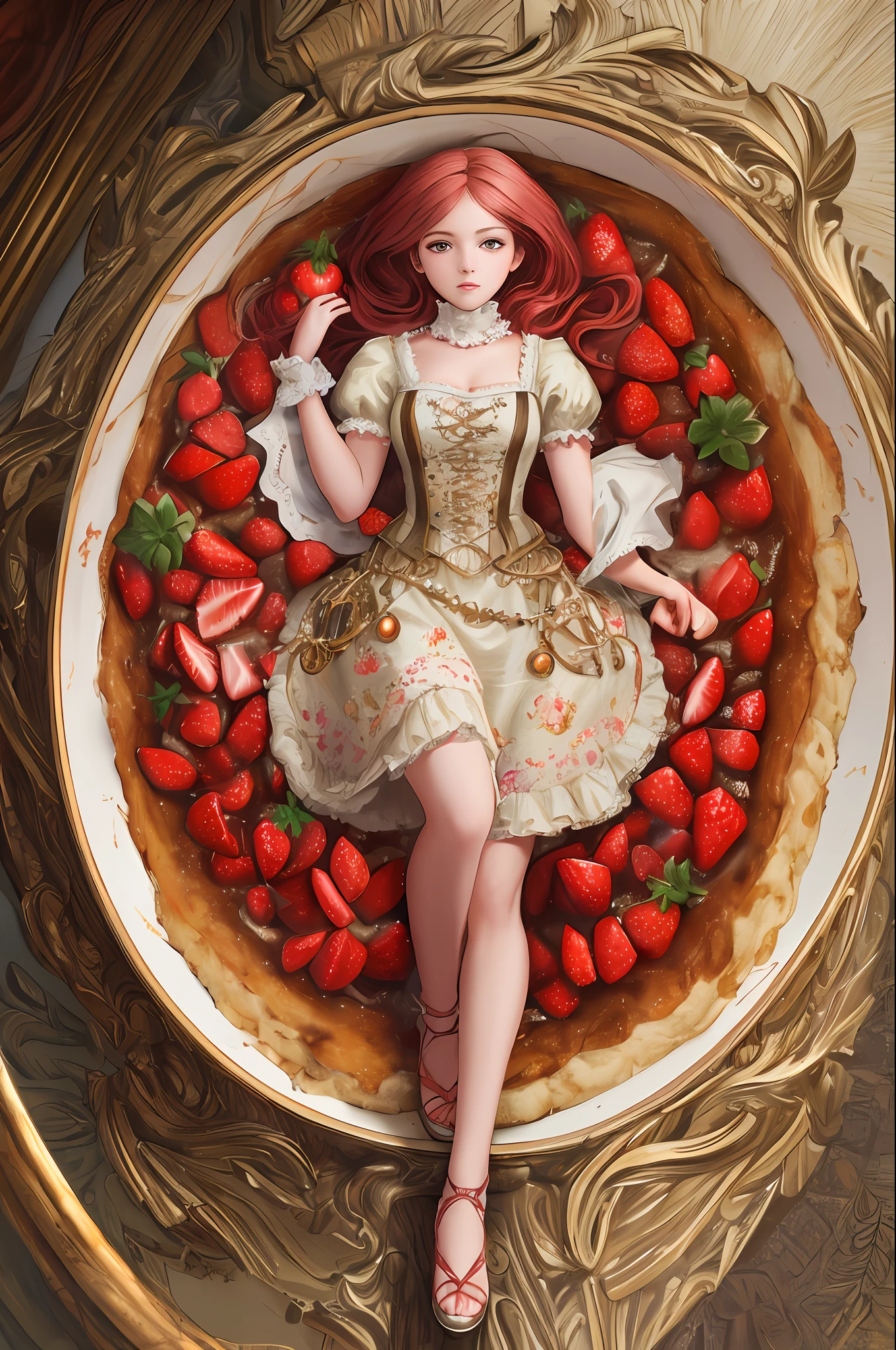 ( Absurd , High quality , ultra detailed, masterpiece, concept art, smooth, highly detailed artwork, hyper realistic painting ) , girl , strawberry shortcake character, cute , whole body , Romantic , Vivid