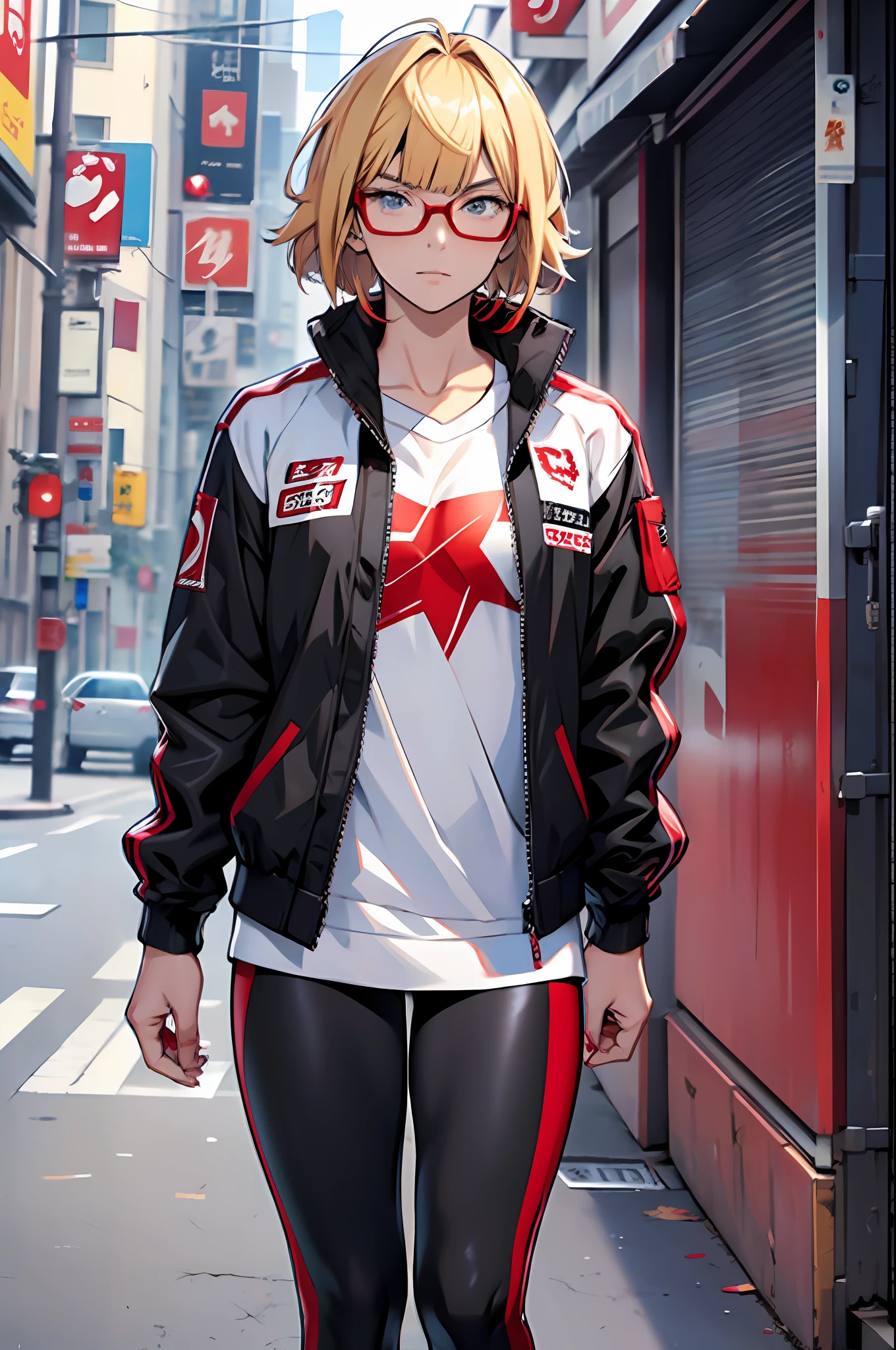 anime character, tall, pretty, young, cool, ager, short blonde hair, bangs, wears red glasses, confident face, has an athletic body, black wears leggings, wears a white jacket with red details --auto --s2