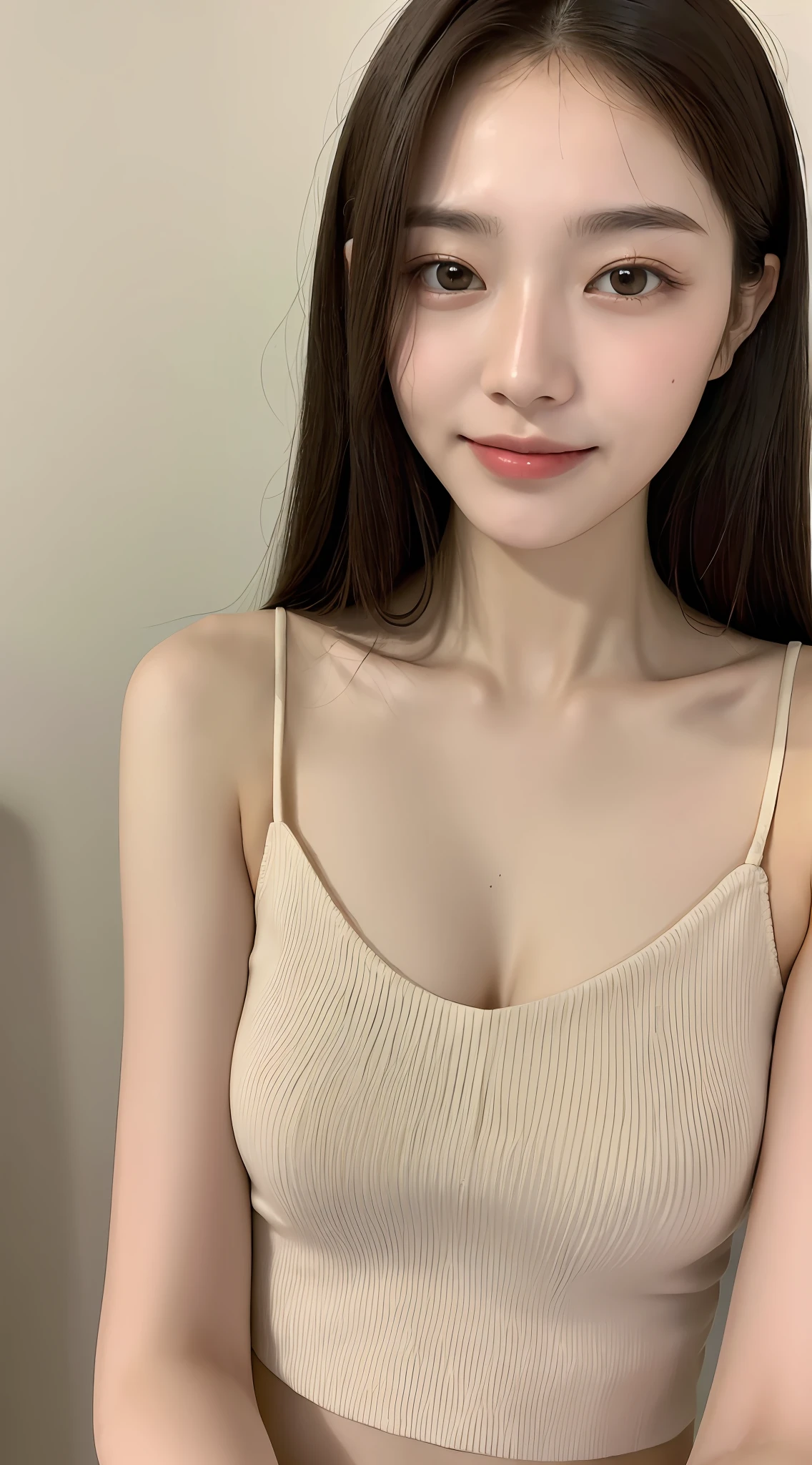 ((Best Quality, 8K, Masterpiece: 1.3)), 1 girl, slim, bare top, super slender face, delicate eyes, double eyelids, drooping eyes, smile,