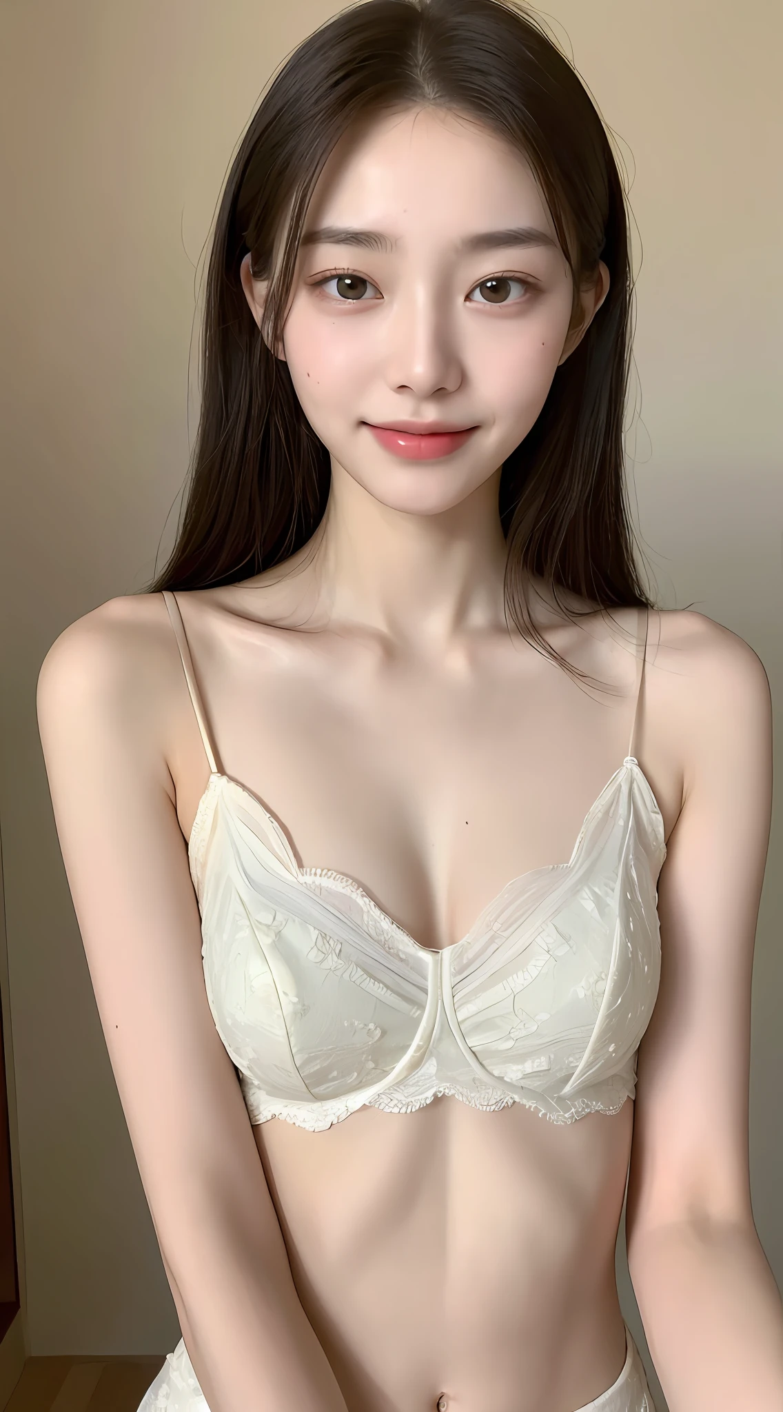 ((Best Quality, 8K, Masterpiece: 1.3)), 1 girl, slim, bare top, super slender face, delicate eyes, double eyelids, drooping eyes, smile,