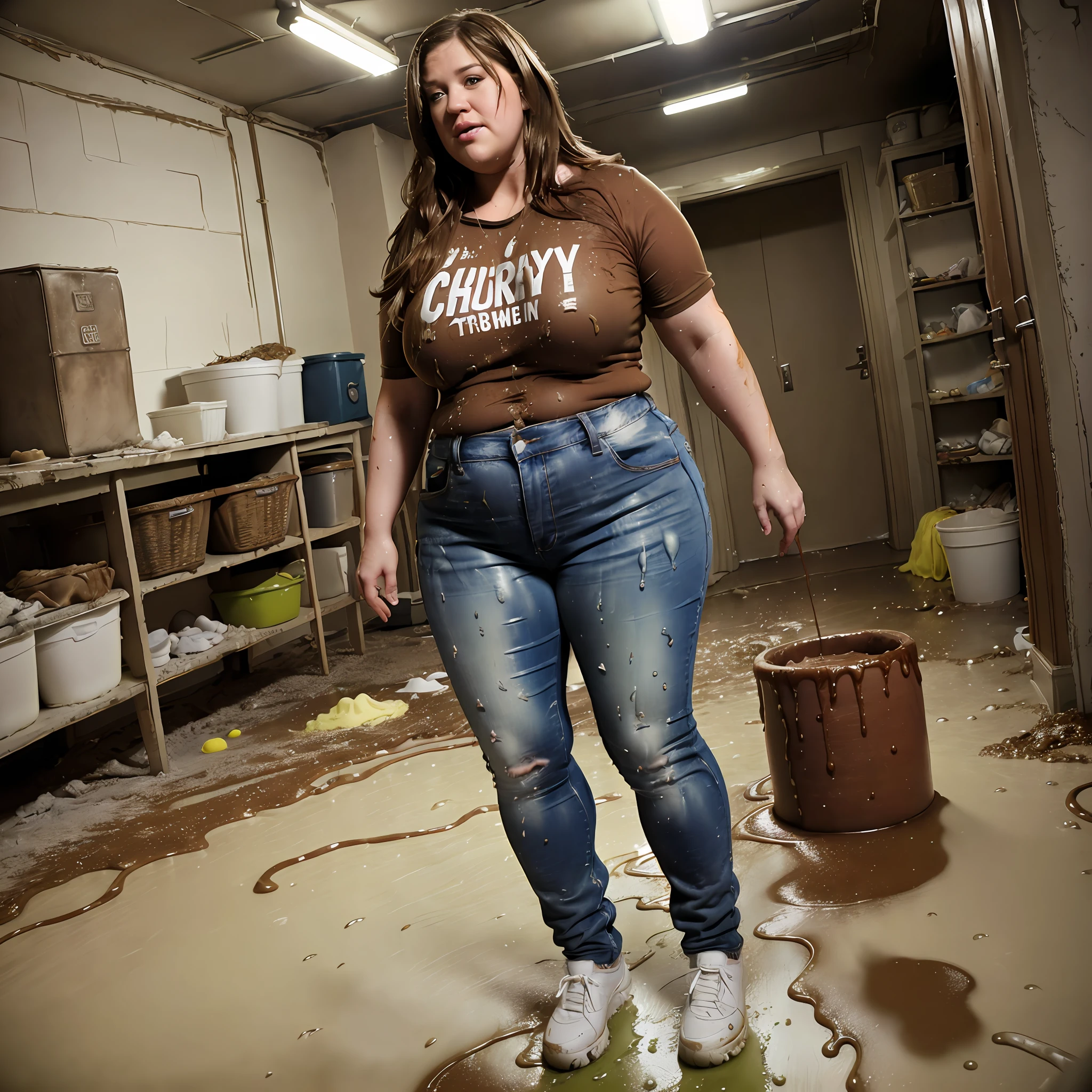 ((Overweight)) ((chubby)), Kelly Clarkson, small breasts, long brown hair, wearing jeans, cotton t-shirt, runners, standing in a room filled with slime, slime everywhere, very messy scene (((full body shot))) (((full length))) (masterpiece) ((cinematic look))