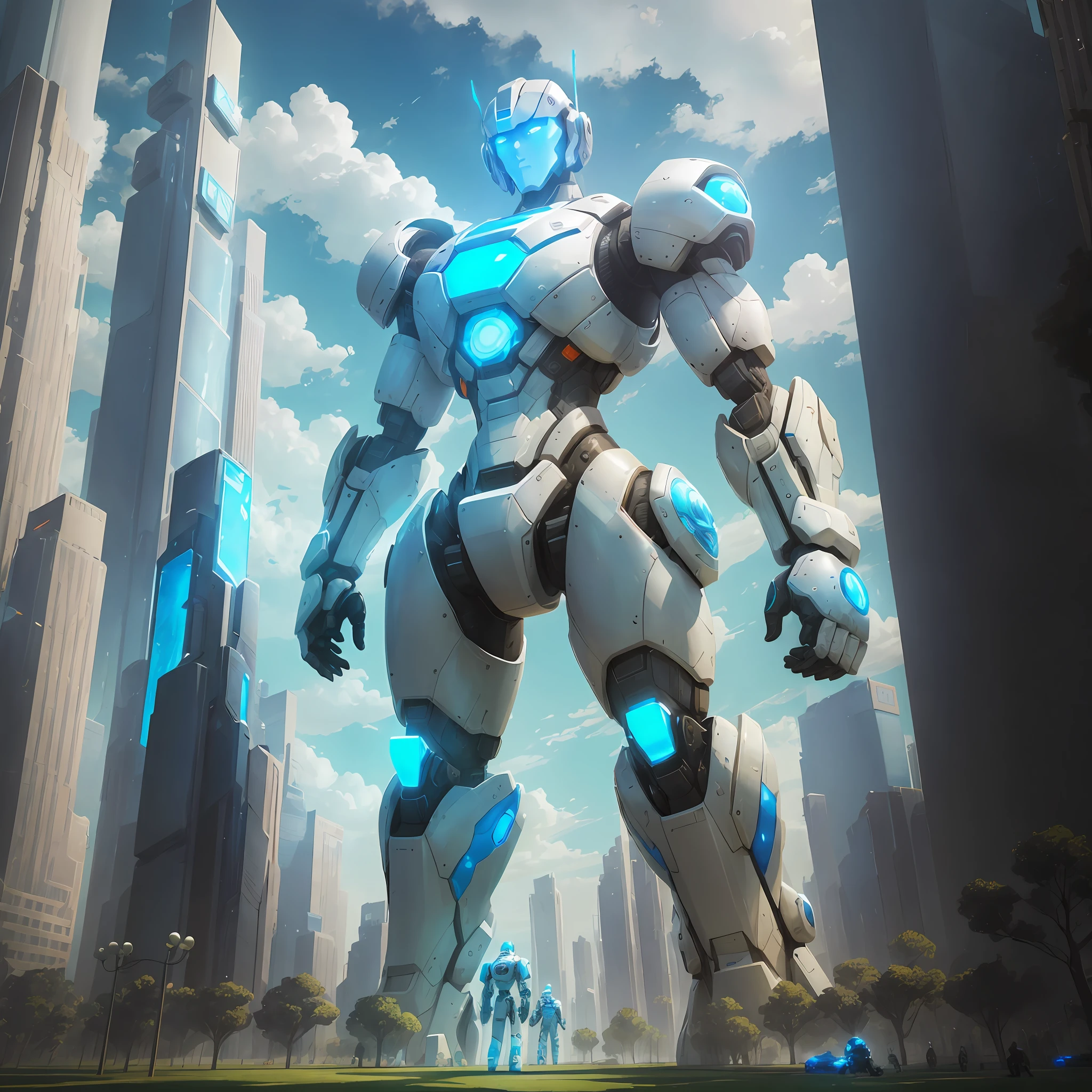 A giant white-and-blue sci-fi humanoid robot with a strong arm with traditional Chinese patterns stands in the middle of the park and gazes into the distance --auto --s2