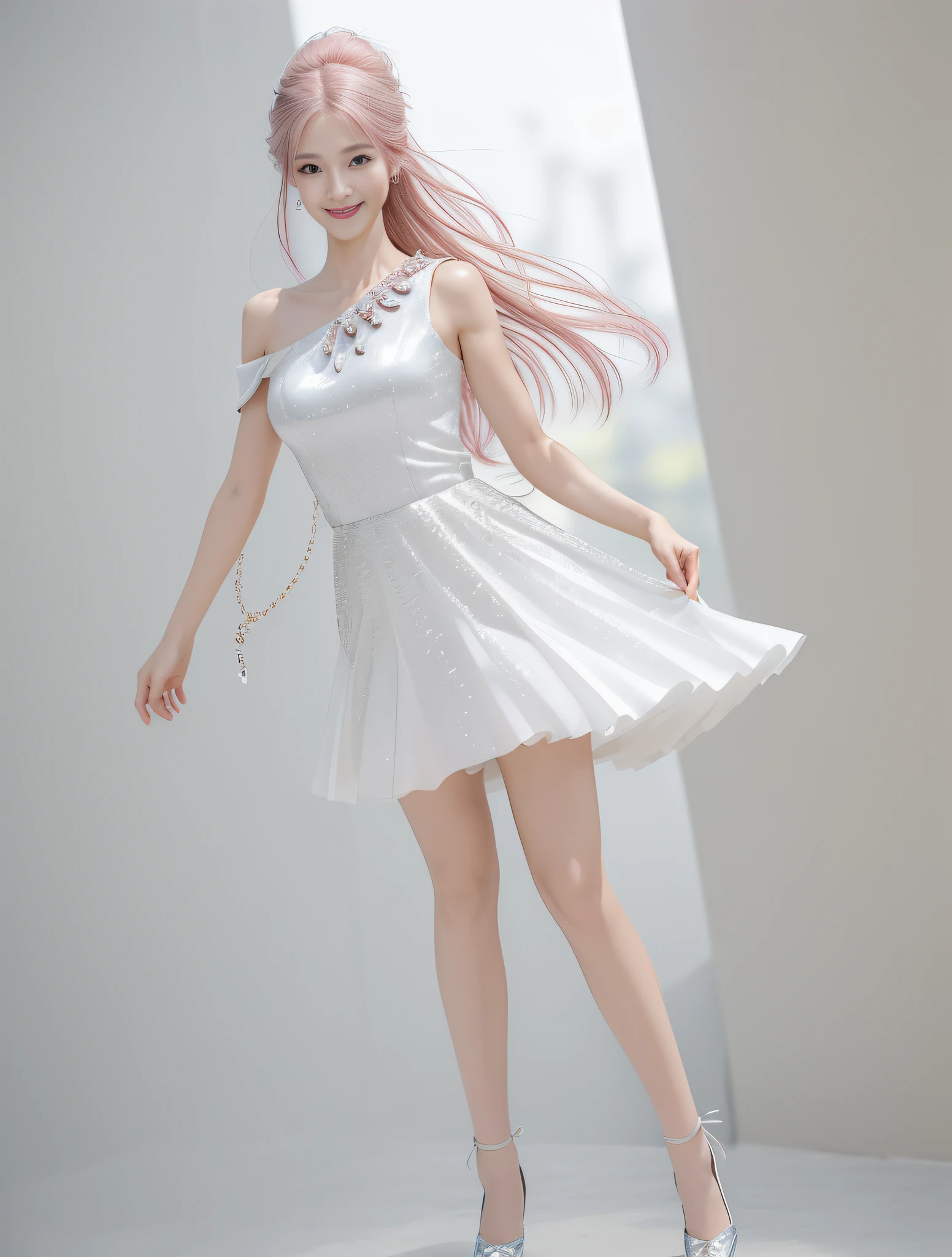 (high quality, super high detail, pink JK skirt, (shoulder-length hair), (slim, delicate facial features, wearing fashionable clothes, holding a beautiful bag, wearing exquisite jewelry): 0.9), (dynamic pose, proper proportions, very temperamental, long legs high and cold, delicate and realistic portrait, delicate three-dimensional silhouette, background park, depth of field, ultra-realistic skin details), (long eyelashes, smile, shallow dimples, big watery eyes crystal clear, slender legs): 0.8