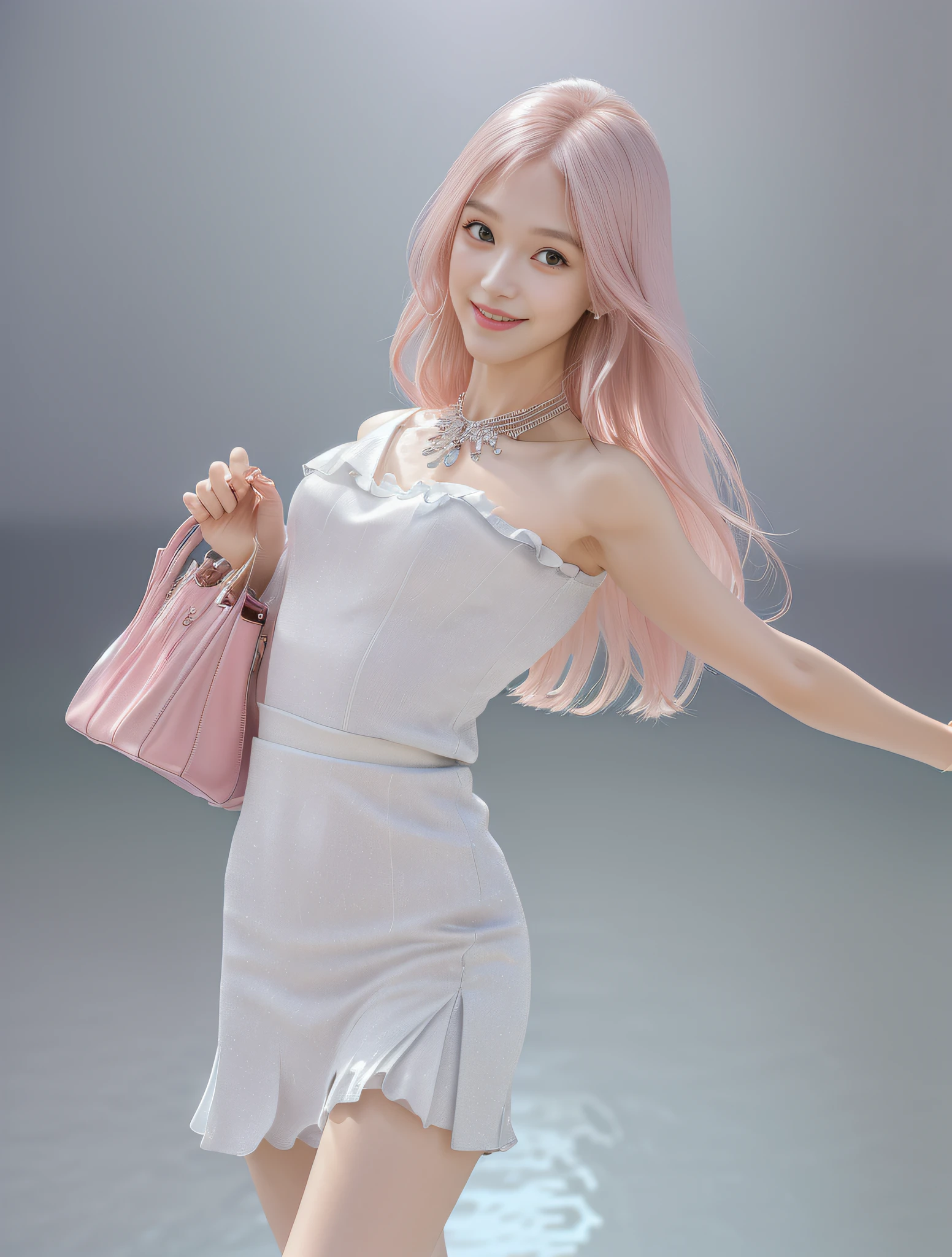 (high quality, super high detail, pink JK skirt, (shoulder-length hair), (slim, delicate facial features, wearing fashionable clothes, holding a beautiful bag, wearing exquisite jewelry): 0.9), (dynamic pose, proper proportions, very temperamental, long legs high and cold, delicate and realistic portrait, delicate three-dimensional silhouette, background park, depth of field, ultra-realistic skin details), (long eyelashes, smile, shallow dimples, big watery eyes crystal clear, slender legs): 0.8