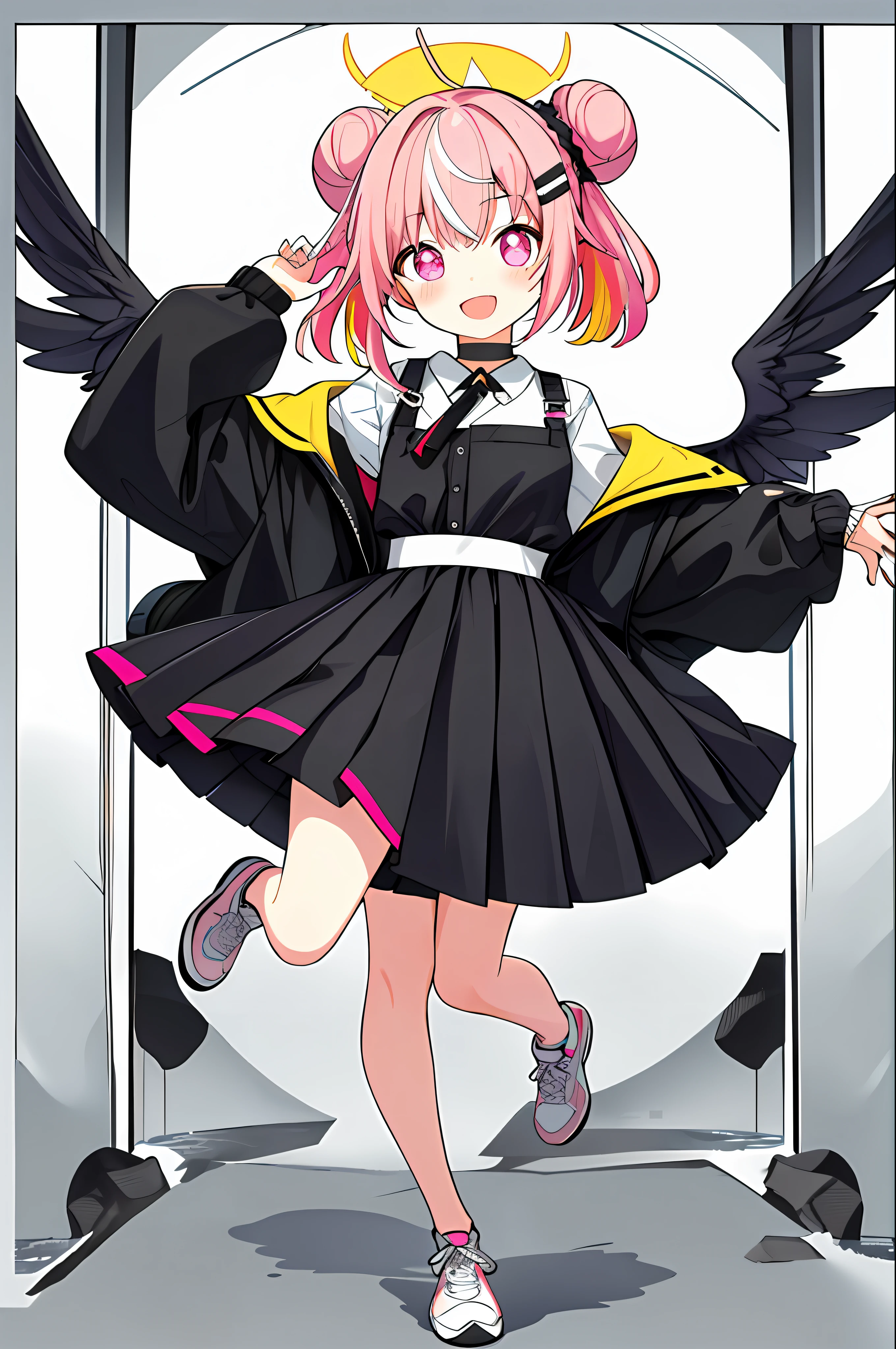 masterpiece, best quality, 1girl, solo, looking_at_viewer, smile, open_mouth, skirt, simple_background, shirt, hair_ornament, pink_hair, jacket, pink_hair, :d, multicolored_hair, pleated_skirt, wings, choker, hairclip, hood, pink_eyes, hair_bun, chibi, black_shirt, double_bun, black_choker, blush_stickers, white_skirt, yellow_background, feathered_wings, angel_wings, white_wings, tachi-e, full body, white background,