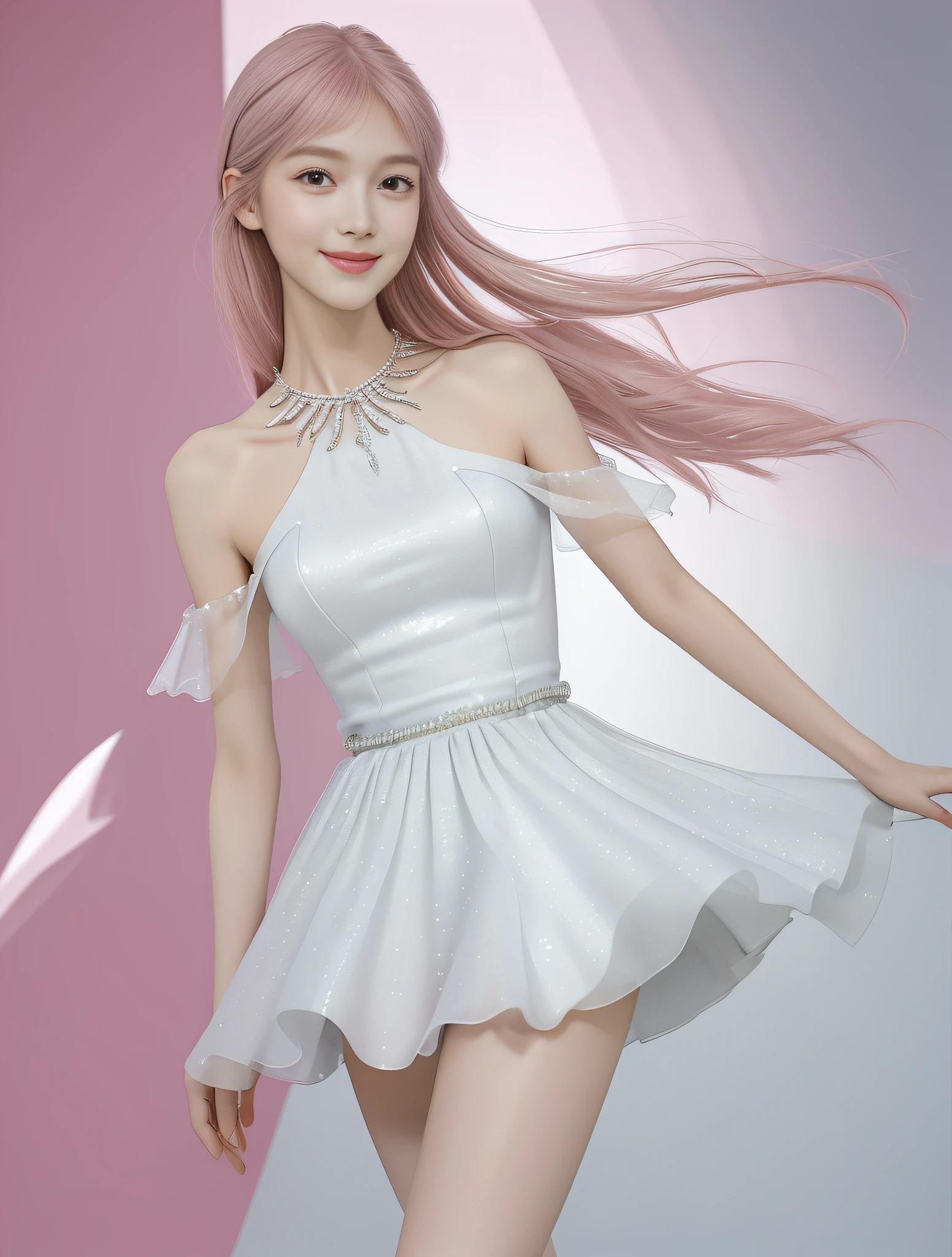 (High quality, super high detail, pink JK skirt, (shoulder-length hair), (slim, delicate facial features, wearing fashionable clothes, wearing exquisite jewelry): 0.9), (dynamic pose, proper proportions, very temperamental, long legs high and cold, delicate and realistic portrait, delicate three-dimensional silhouette, park, depth of field, ultra-realistic skin details), (long eyelashes, smile, shallow dimples, big watery eyes crystal clear, slender legs): 0.8