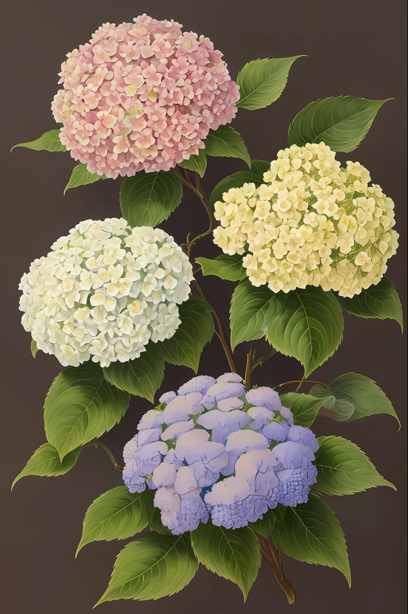 (Best quality: 1.2), (Details: 1.2), (Masterpiece: 1.2), high-resolution vintage botanical illustration by John Edwards, depicting hydrangeas of Grand Provence (1770 1775)