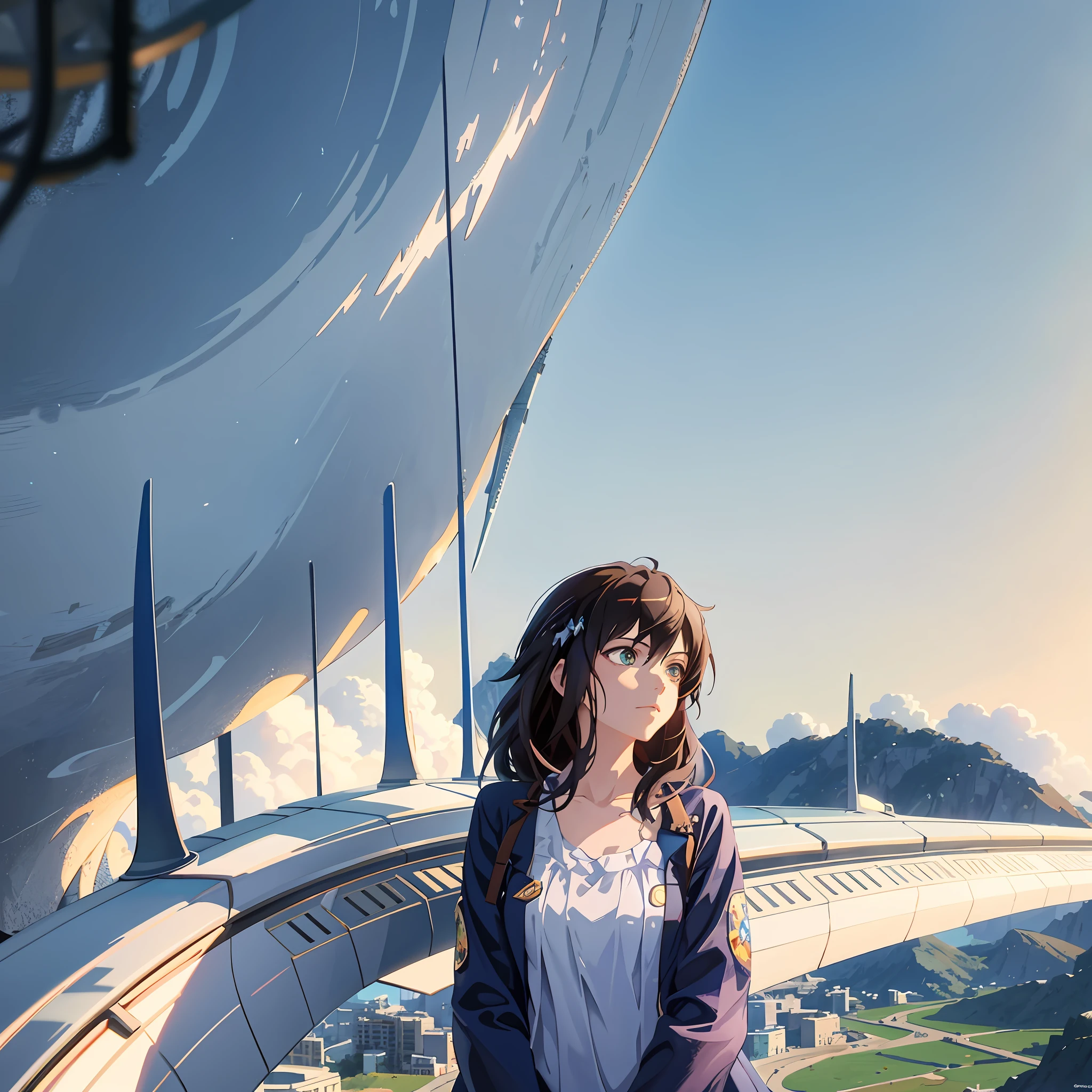 there is a woman standing on a ledge looking at the sky, makoto shinkai cyril rolando, makoto shinkai. digital render, anime girl of the future, makoto shinkai and bioware, in style of makoto shinkai, inspired by Makoto Shinkai, makoto shinkai style, makoto shinkai and artgerm
