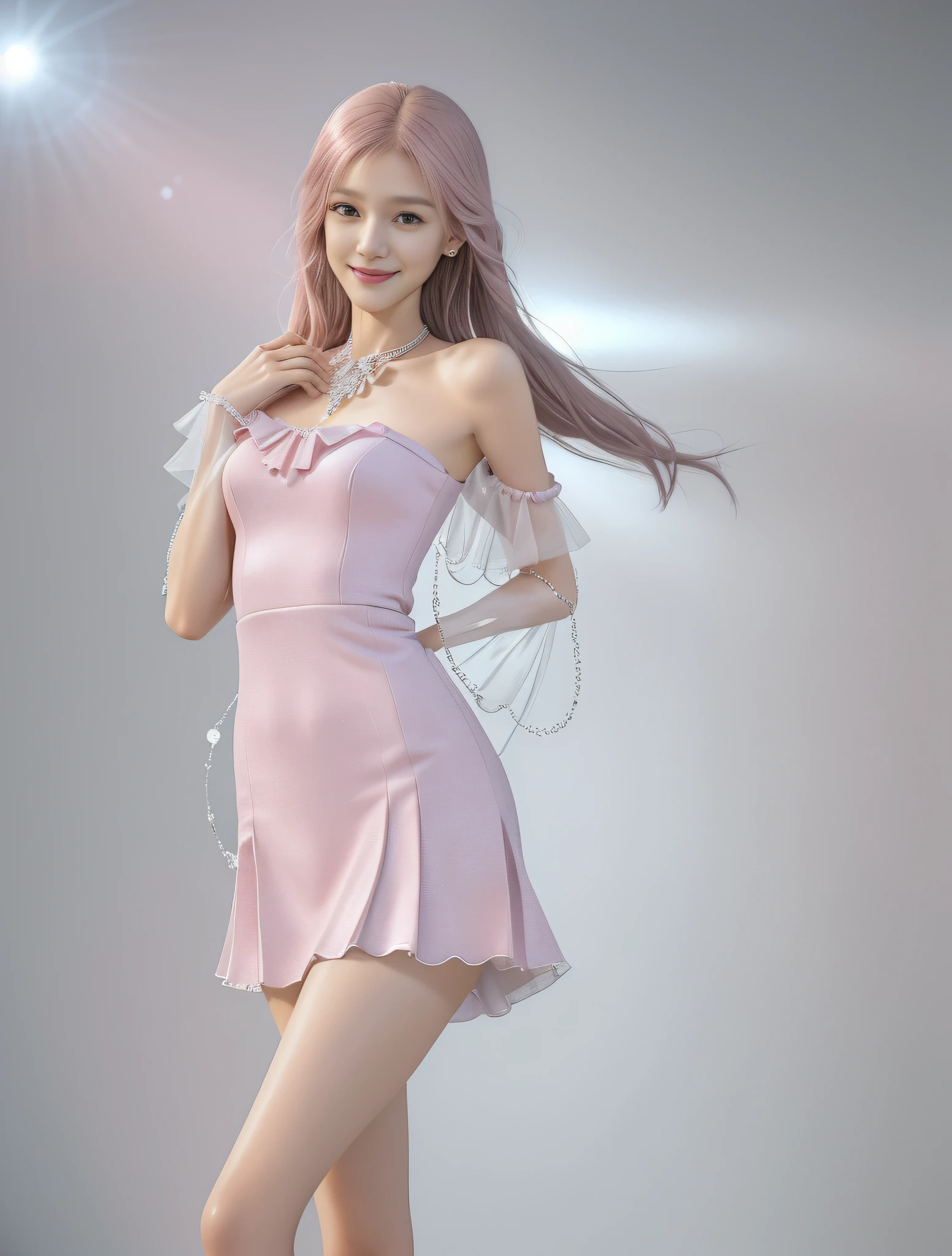 (High quality, super high detail, pink JK skirt, (shoulder-length hair), (slim, delicate facial features, wearing fashionable clothes, wearing exquisite jewelry): 0.9), (dynamic pose, proper proportions, very temperamental, long legs high and cold, delicate and realistic portrait, delicate three-dimensional silhouette, park, depth of field, ultra-realistic skin details), (long eyelashes, smile, shallow dimples, big watery eyes crystal clear, slender legs): 0.8