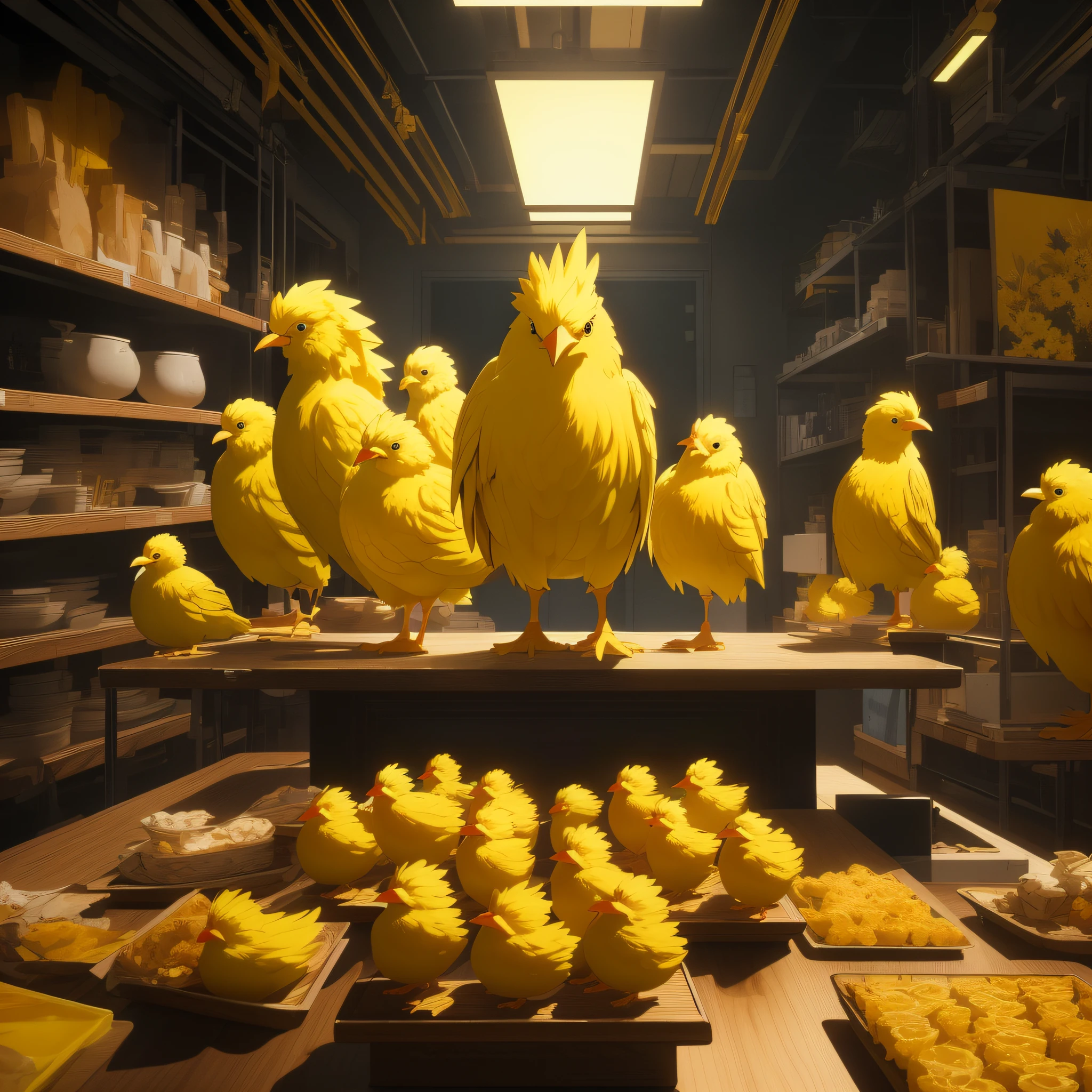 A yellow chick standing on the table (best quality: 1.1) (anime style 1.5) (masterpiece: 1.3) with unparalleled masterpiece, surreal 8K, perfect artwork, super detail, best quality, masterpiece 4K wallpaper aesthetics, masterpiece, award-winning artwork, official art, cinematic lighting