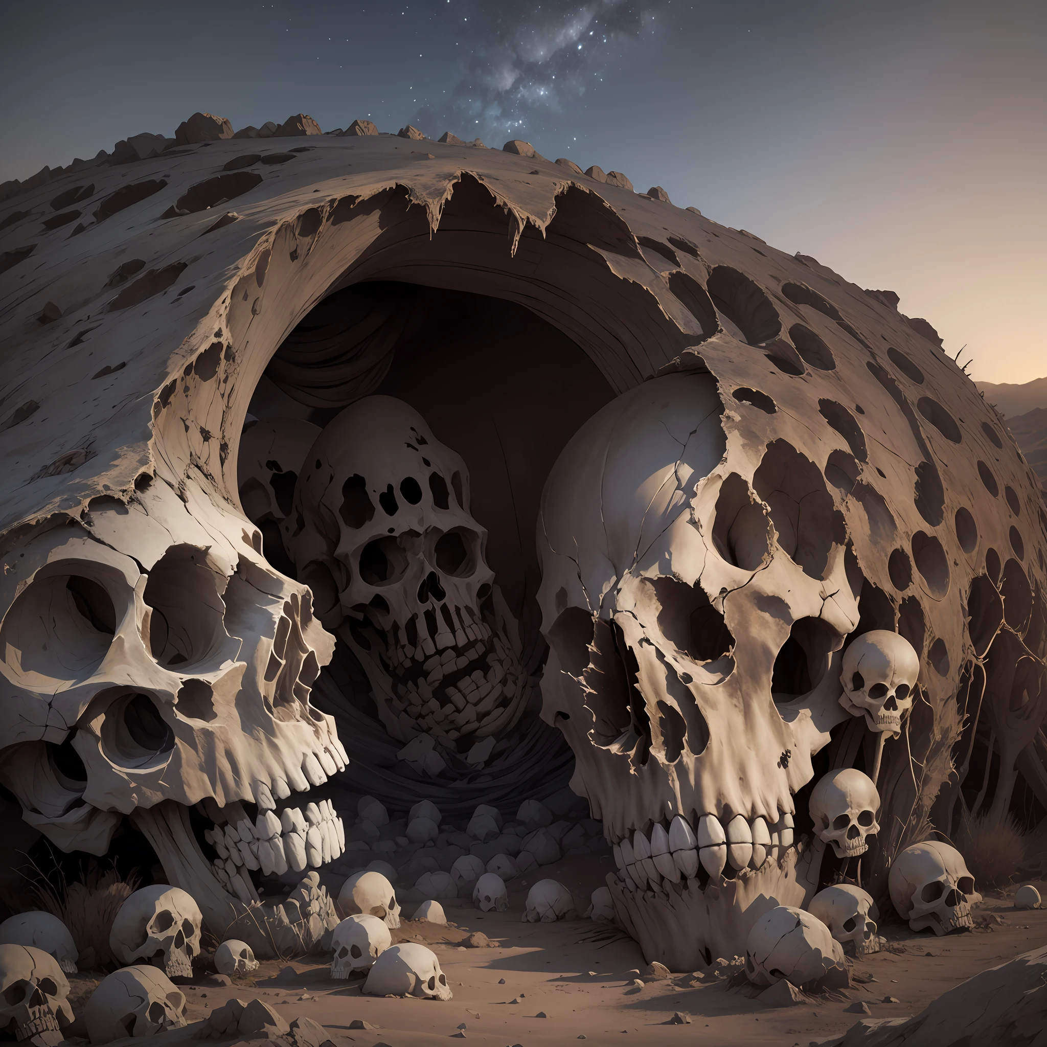 Full of skeletons, a huge skull made up of many remains, mouth is the entrance, barren, dim sky, cinematic footage, HDR, rugged terrain --auto --s2