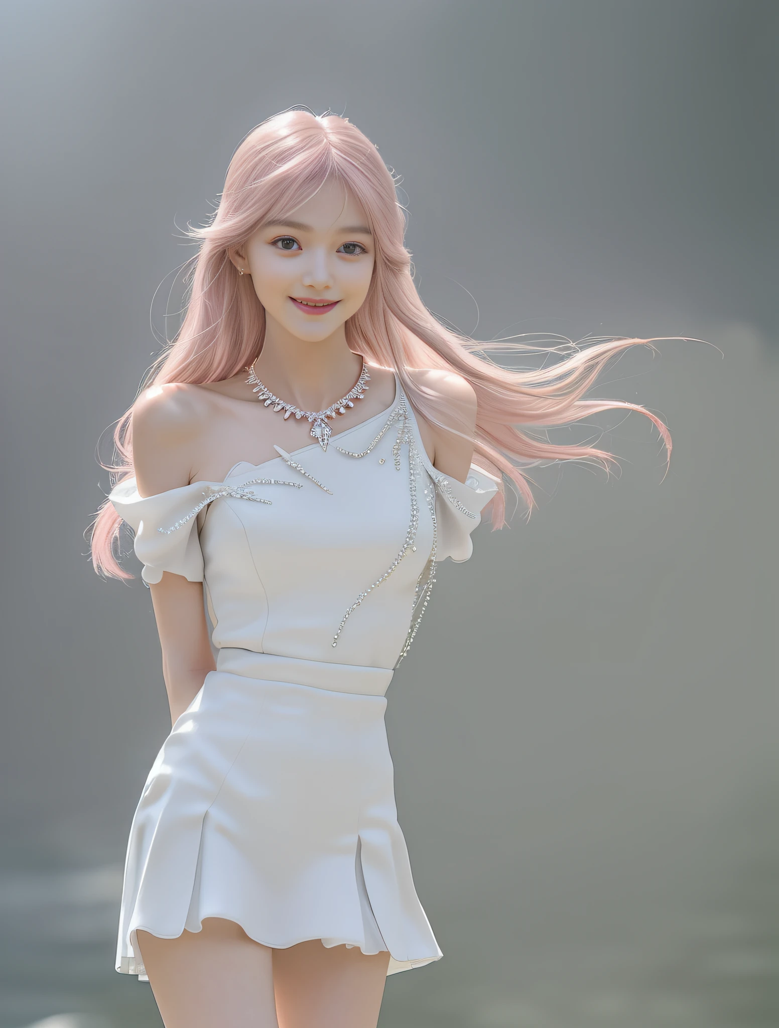 (High quality, super high detail, pink JK skirt, (shoulder-length hair), (slim, delicate facial features, wearing fashionable clothes, wearing exquisite jewelry): 0.9), (dynamic pose, proper proportions, very temperamental, long legs high and cold, delicate and realistic portrait, delicate three-dimensional silhouette, park, depth of field, ultra-realistic skin details), (long eyelashes, smile, shallow dimples, big watery eyes crystal clear, slender legs): 0.8