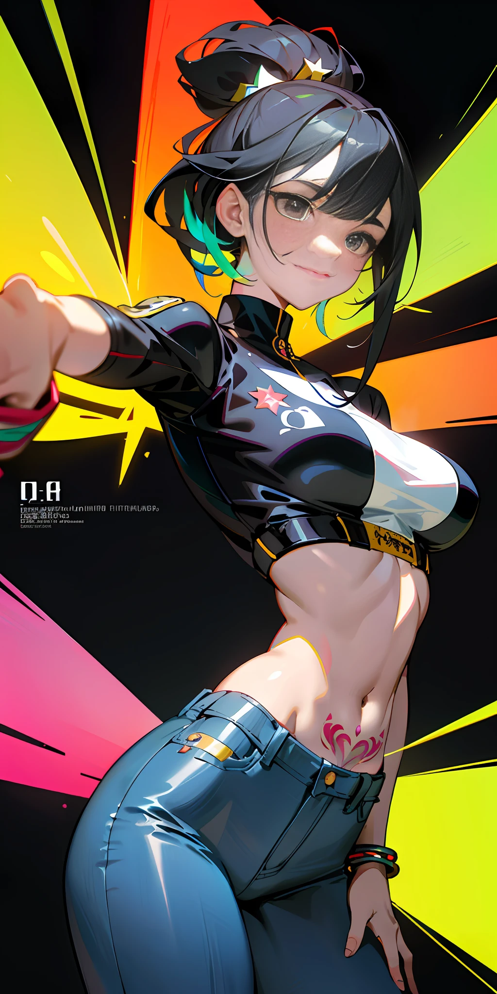 background, mixed language_text, Japanese letters in graphite, beautiful woman ashley alexiss, long black hair gradient, excellent lighting, side lighting, perfect ending (gradient colors: 1.3), black outlines around the character (magazine_cover: 1.4), (multicolored_background: 1.3), :: discs with sharp and shiny blades in the hand :: circular pieces of white metals glued to the ultra detailed arms coming out shimmering glow, star design stamped in the middle of the t-shirt, perfect and detailed sculptural body, ultra detailed shirt with abstract design and with Japanese letter print in graphite of the sides of the clothing, jeans used, large chest, with immersive effects, hover effect, graphite background style flowers with flowers and vibrant colors, "ultra" HDR detailed and with focus effect, (masterpiece: 1.2, best quality), (beautiful emerald yellow eyes with huge finely detailed eyelashes: 1.2), , ((Solo)), (Finely detailed eyes and detailed face: 1.3), beautiful ultra-detailed eyes, linear light smile, graphite and tattoo style background, woman, alone. midriff, skintight bodysuit with detailed tattoo style print, ultra-detailed red gradient leather jacket, warm thighs, black skintight pants with ultra-detailed white and pink details, large breasts, ultra-detailed bracelets on the arms, , bracelet on the right arm with ultra bright red energy