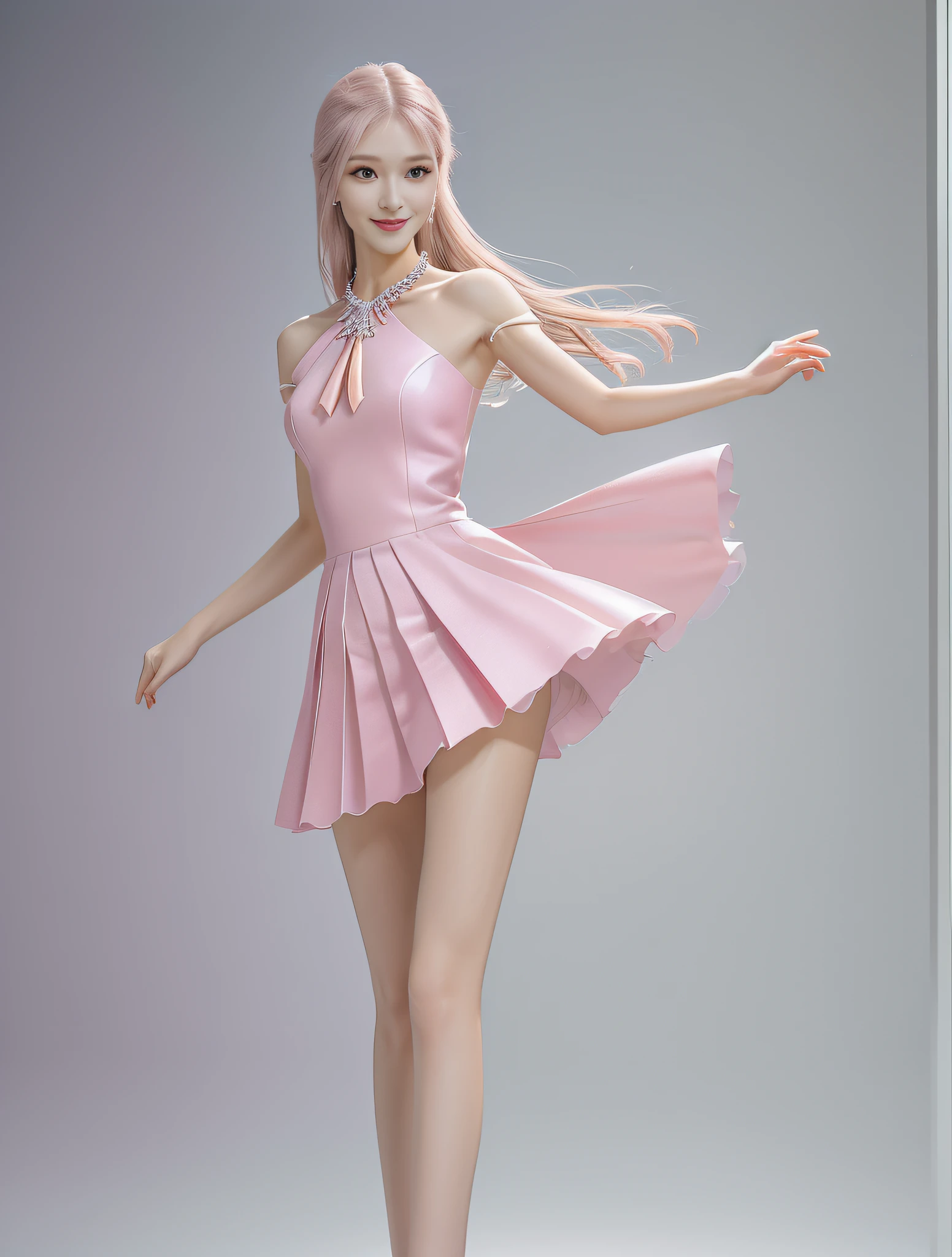(High quality, super high detail, pink JK skirt, (shoulder-length hair), (slim, delicate facial features, wearing fashionable clothes, wearing exquisite jewelry): 0.9), (dynamic pose, proper proportions, very temperamental, long legs high and cold, delicate and realistic portrait, delicate three-dimensional silhouette, park, depth of field, ultra-realistic skin details), (long eyelashes, smile, shallow dimples, big watery eyes crystal clear, slender legs): 0.8