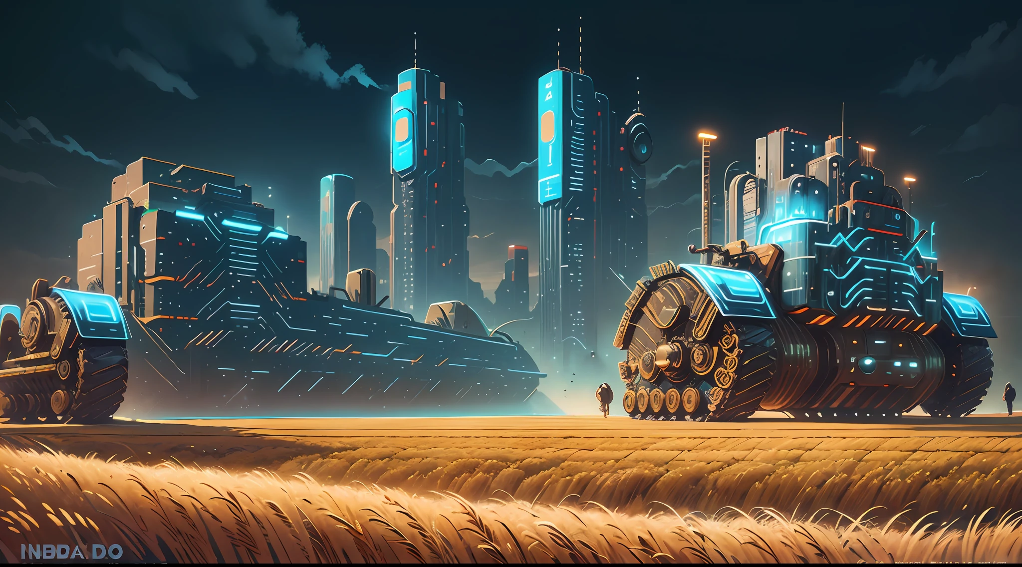 In the coming summer, two robots are harvesting wheat fields, two robots are watering fields, cyberpunk architectural style, background is cyberpunk technology sense architecture, high precision and rich details, real, futuristic, mechanical, real details, futuristic, technological. --auto --s2