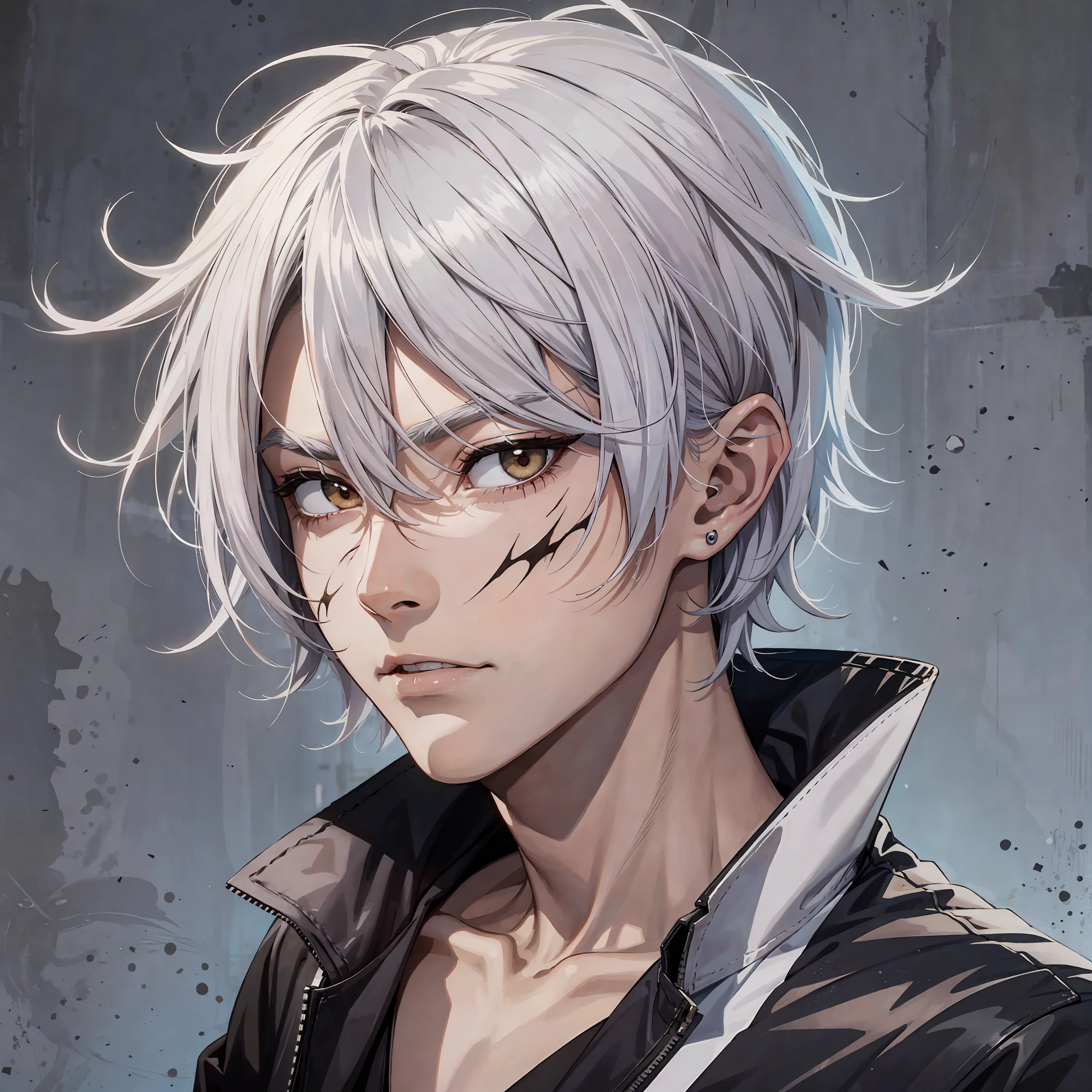 2d character, boy, teenager, white hair, villain, brown eyes, evil face, modern clothing, dark clothing, scar on face --auto --s2