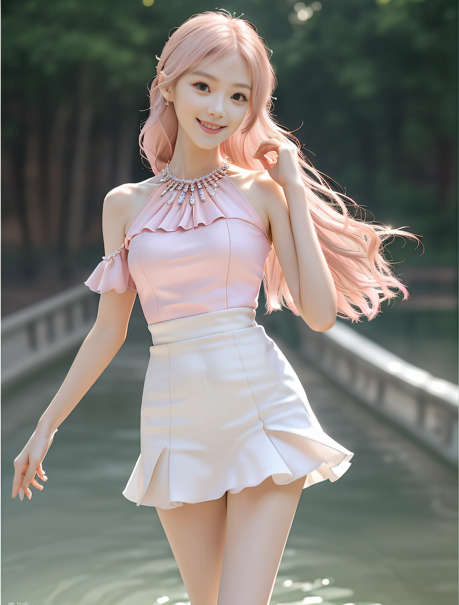 (High quality, super high detail, pink JK skirt, (shoulder-length hair), (slim, delicate facial features, wearing fashionable clothes, wearing exquisite jewelry): 0.9), (dynamic pose, proper proportions, very temperamental, long legs high and cold, delicate and realistic portrait, delicate three-dimensional silhouette, park, depth of field, ultra-realistic skin details), (long eyelashes, smile, shallow dimples, big watery eyes crystal clear, slender legs): 0.8, background park: 1.0