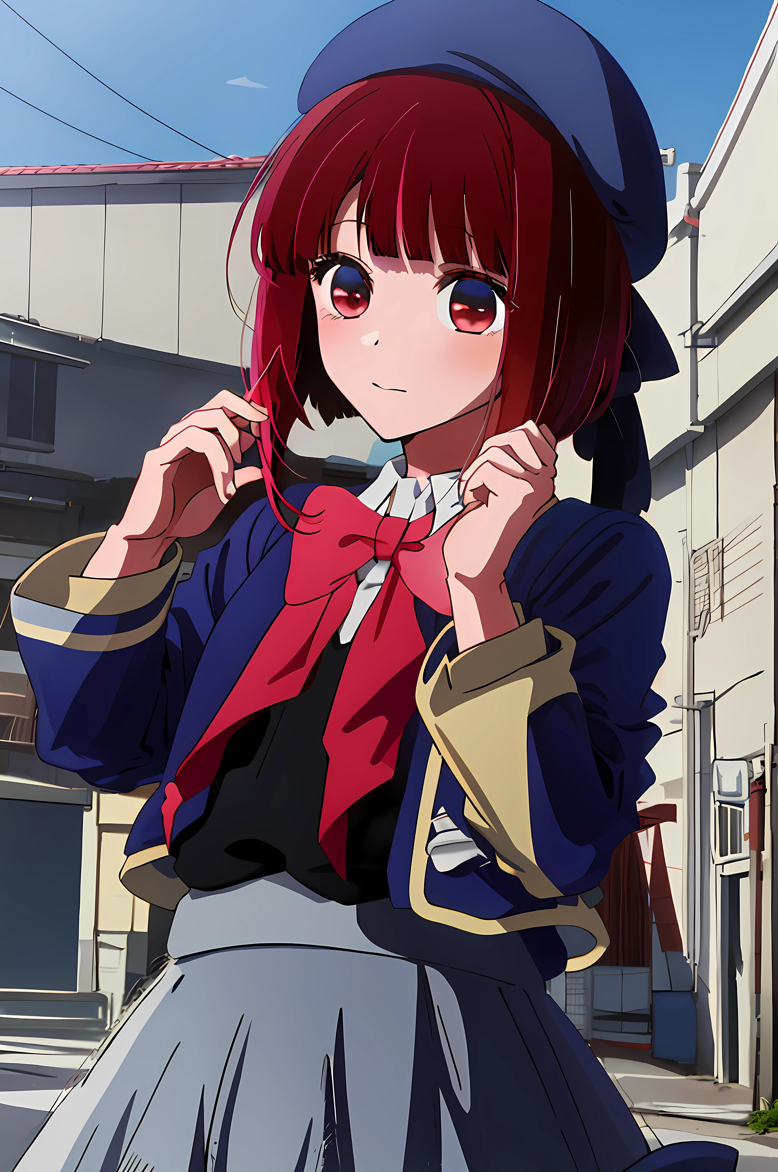 anime girl with red hair and a blue hat standing in front of a building, close up iwakura lain, iwakura lain, anime moe artstyle, anime visual of a cute girl, portrait anime girl, an anime girl, portrait of an anime girl, young anime girl, cute anime girl, anime style 4 k, smooth anime cg art