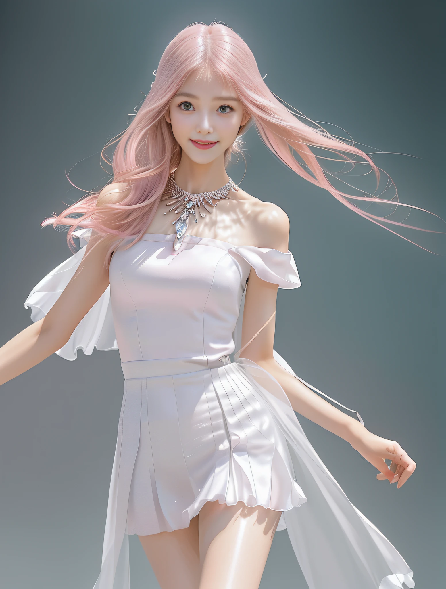 (High quality, super high detail, pink JK skirt, (shoulder-length hair), (slim, delicate facial features, wearing fashionable clothes, wearing exquisite jewelry): 0.9), (dynamic pose, proper proportions, very temperamental, long legs high and cold, delicate and realistic portrait, delicate three-dimensional silhouette, park, depth of field, ultra-realistic skin details), (long eyelashes, smile, shallow dimples, big watery eyes crystal clear, slender legs): 0.8, background park: 1.0