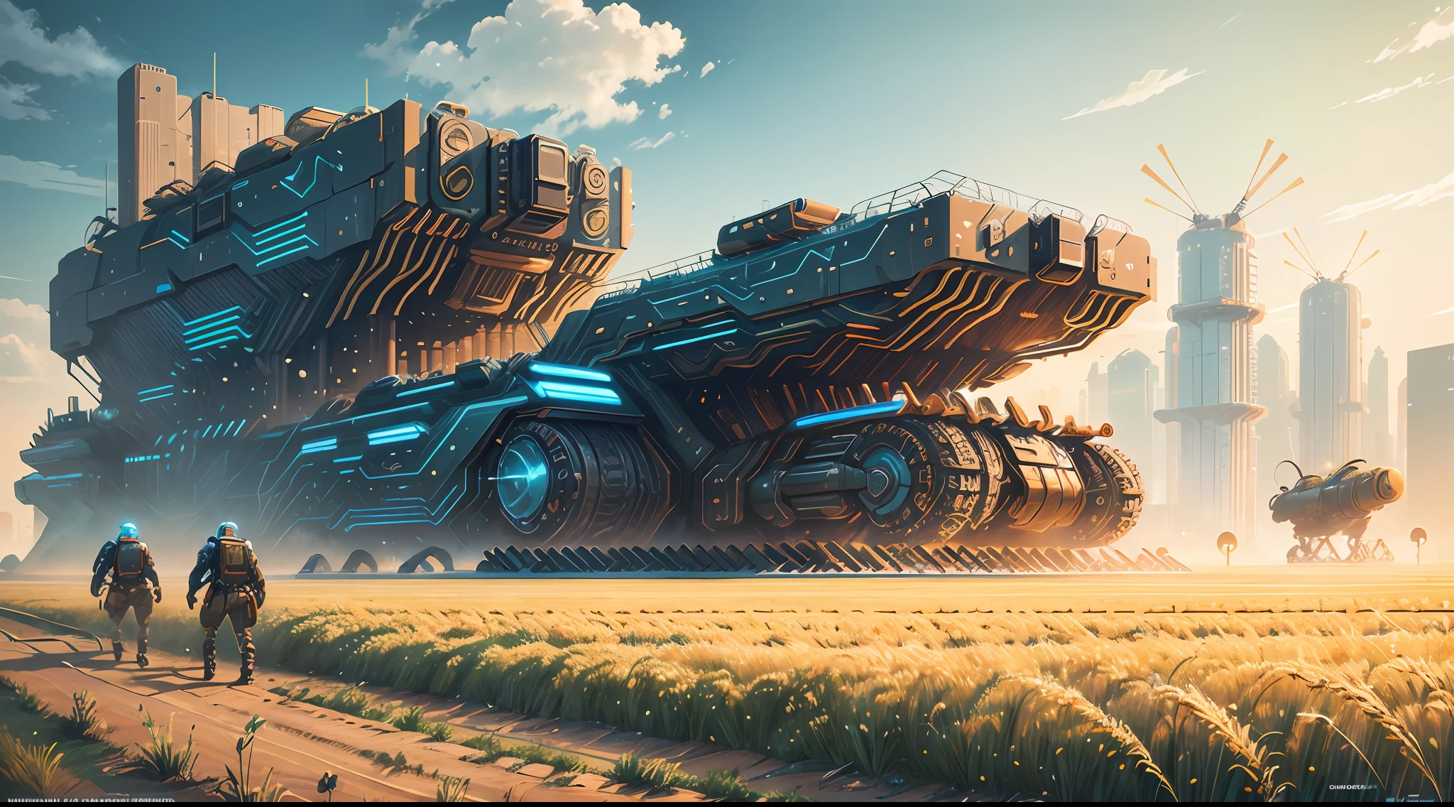 In the coming summer, two robots are harvesting wheat fields, two robots are watering fields, cyberpunk architectural style, background is cyberpunk technology sense architecture, high precision and rich details, real, futuristic, mechanical, real details, futuristic, technological. --auto --s2