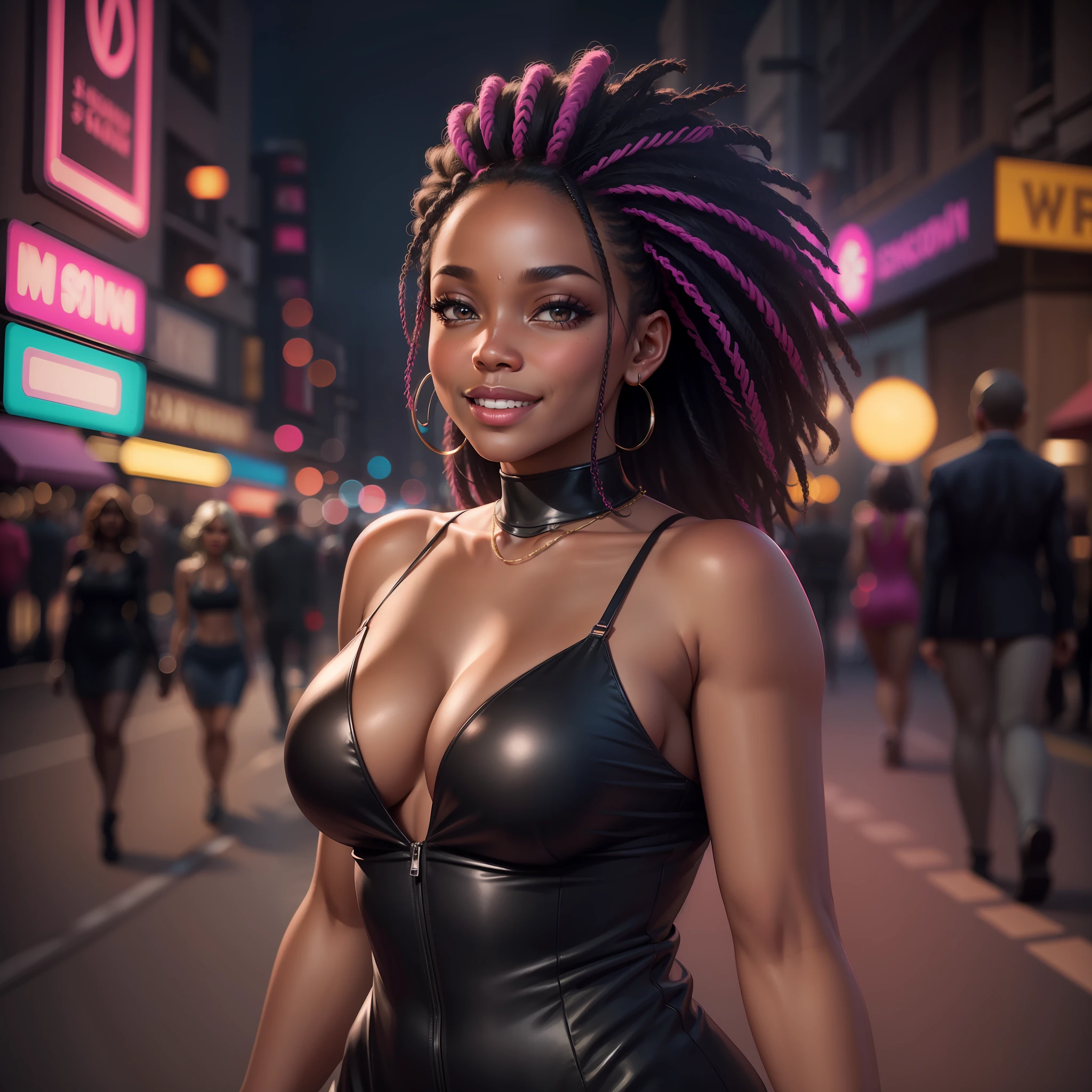 Photography, at night, Black woman, pink dress, medium breasts, full body, walking on the street, camera direction, smile on lips, super realistic, full of details, neon lights, HD, 8k