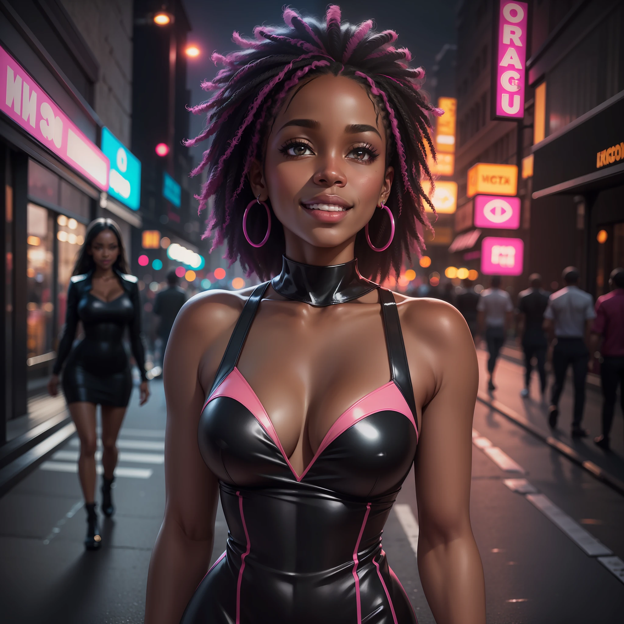 Photography, at night, Black woman, pink dress, medium breasts, full body, walking on the street, camera direction, smile on lips, super realistic, full of details, neon lights, HD, 8k