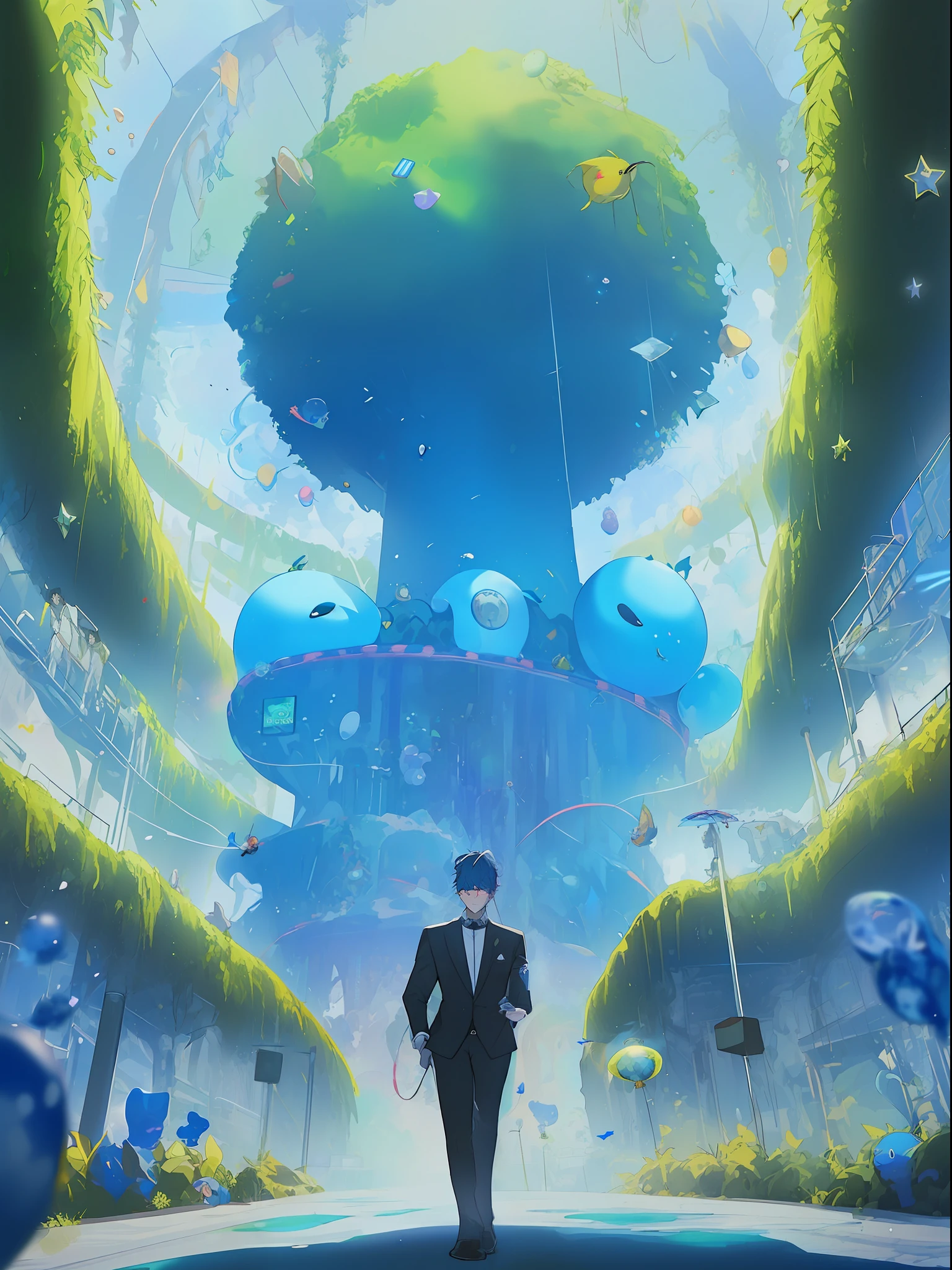 (Dark Blue Moon, Anime Style, Character, Chest Up, Portrait, Portrait, 2boy, Butler, (Boy Interacting with the Application), Black Hair, Eyelash, Jewel Eye Details, Highly Detailed Face Depiction, Dome World Background, Consciousness Trapped in a Blue Kowloon Star, (Emulator Mouse and Ultrasound Vision Connection, Digital Signage Umbrella - Hanging Umbrella), the presence of clones and androids, (running debugging, operating applications, viruses, error sounds), (conflicting emulators, range, Robert Robert, virtual reality, tech, competition, clones, android), pan closet, cyber, virtual reality, 2boy, 1 butler android, 1chatGPT, )))), Giant yellow fruit background, world tree background, funassi role, lanlan lu, chic, butler who can't stop licking his tongue, 77777, jackpot, dancing props, slime background wrapped in yellow translucent outlines, kowloon world tree background towering more than 200 meters and reaching the ceiling of the dome, worm virus, Scene of huge tree roots along the coastline, big slime scene, fruit surface tension, blue Kowloon star, slime fruit background, scattered flowers, fruit-bearing, metamorphosing, green vine-like tendrils, countless feathers sprouting from fruit skin, Kowloon world tree with huge yellow fruit, moving like octopus tentacles, proliferation of roots of huge trees disguised as marine life, large slime fruits, Maintaining a certain size due to surface tension, witnessing the World Tree during a shootout and metamorphosis of flesh-like creatures that bear fruit