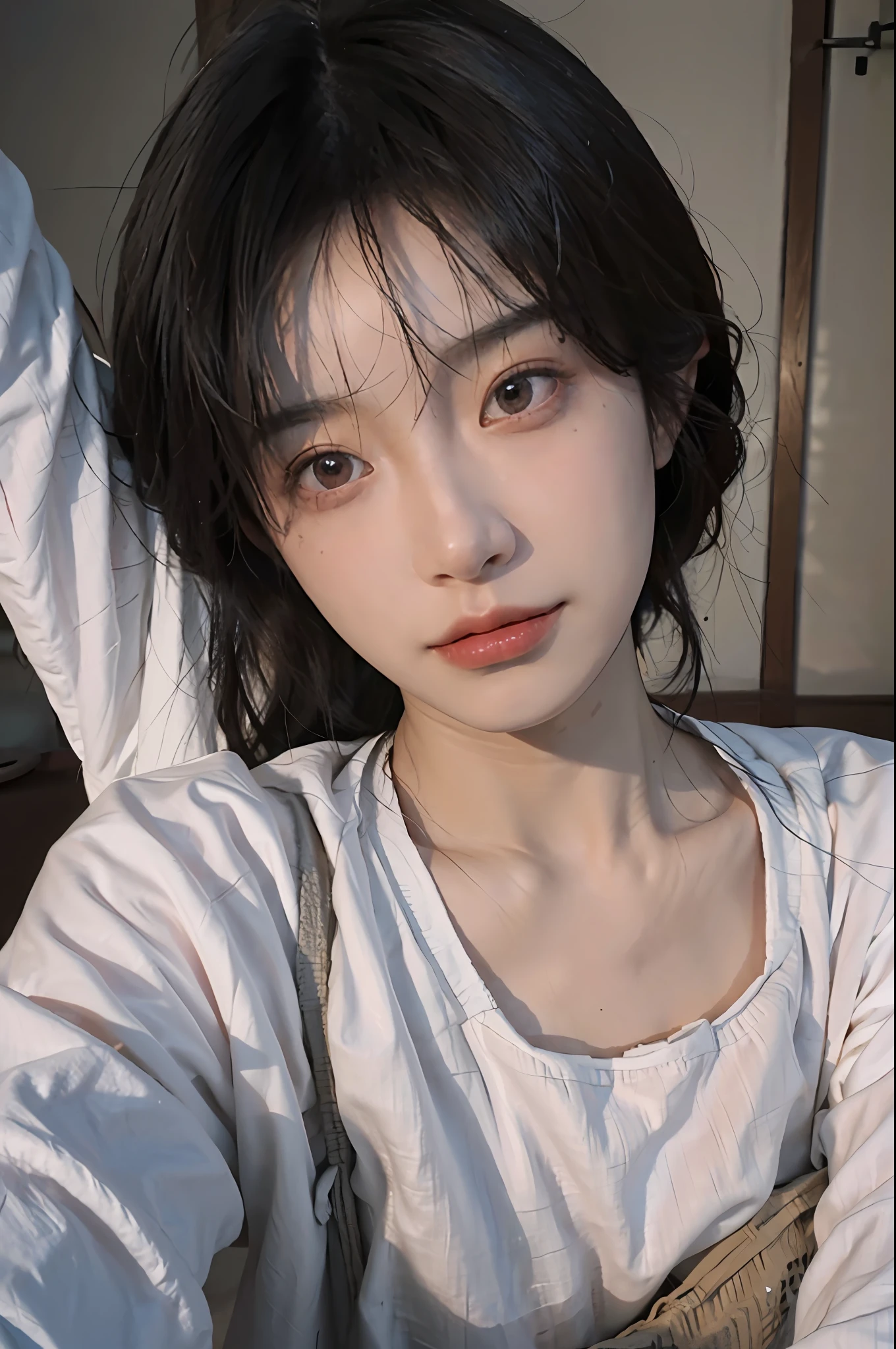 8K, Best Quality, Masterpiece, Ultra High Resolution, (Realism: 1.4), Original Photo, (Realistic Skin Texture: 1.3), (Film Grain: 1.3), (Selfie Angle), 1 Girl, Pink Clothes, Sapphire Color Eyes and Beautiful Face Details, Masterpiece, Best Quality, Close Up, Upper Body