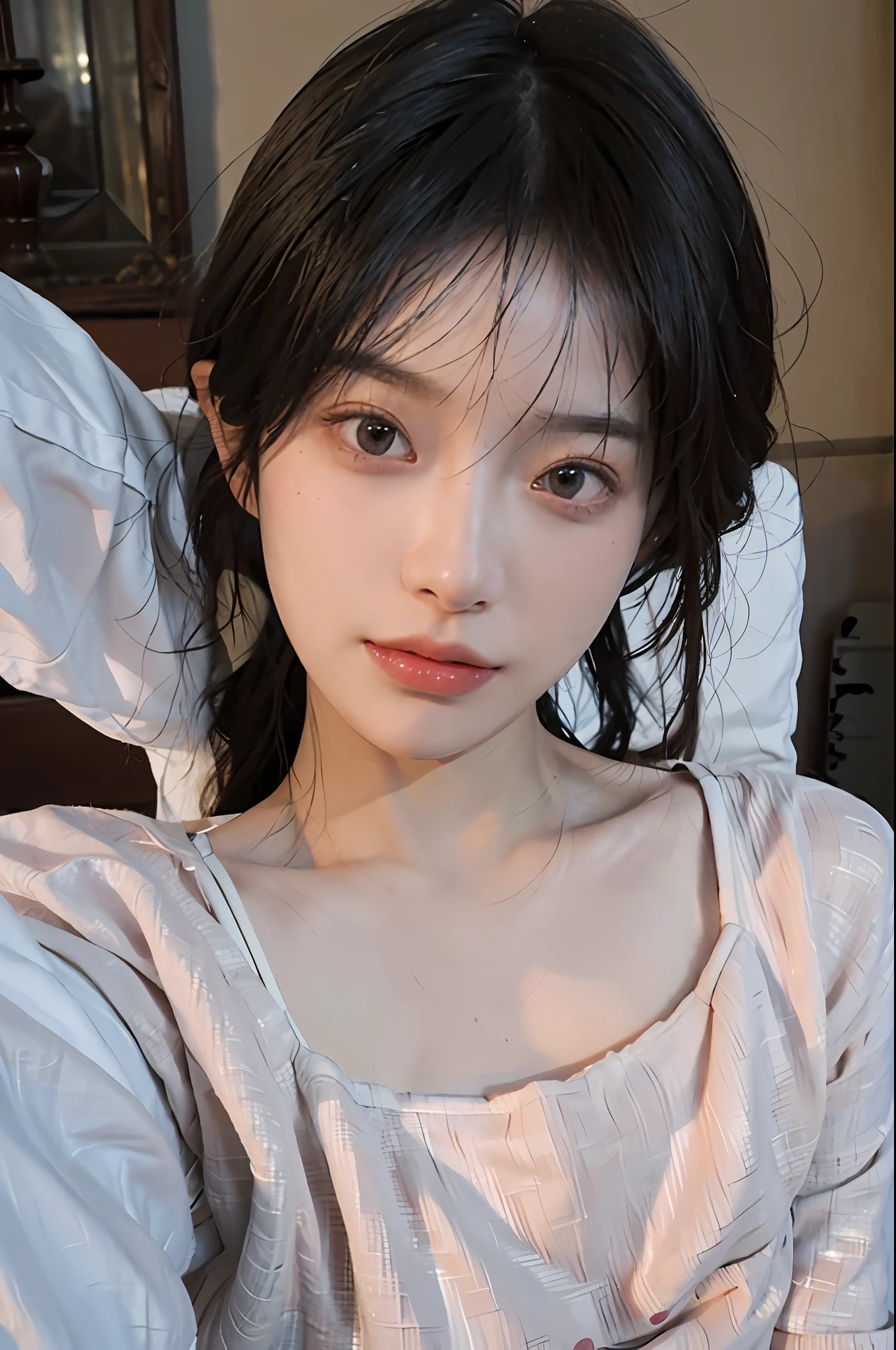 8K, Best Quality, Masterpiece, Ultra High Resolution, (Realism: 1.4), Original Photo, (Realistic Skin Texture: 1.3), (Film Grain: 1.3), (Selfie Angle), 1 Girl, Pink Clothes, Sapphire Color Eyes and Beautiful Face Details, Masterpiece, Best Quality, Close Up, Upper Body