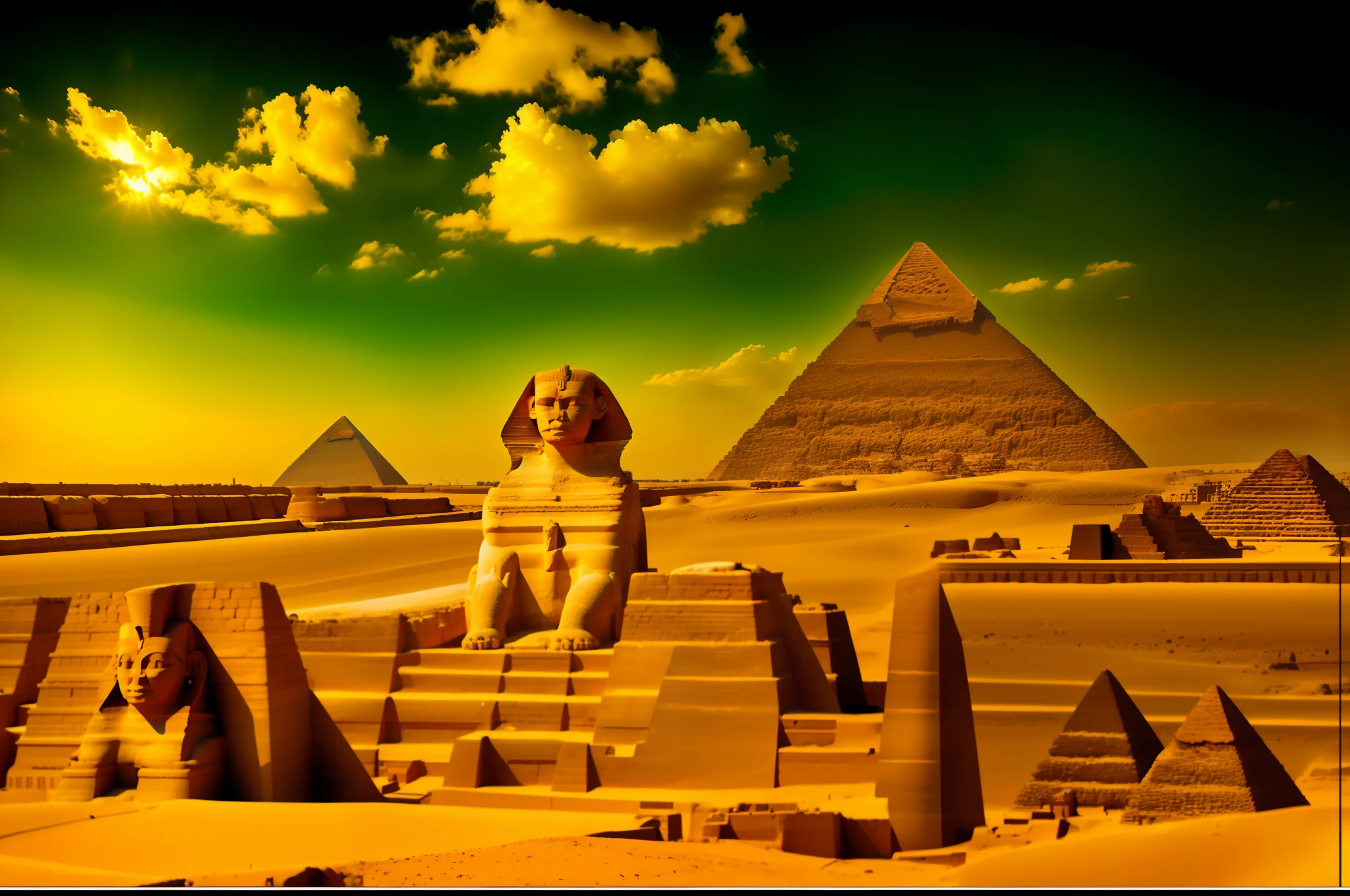 arafed sphinx and pyramids in the background with a fence in front of it, sphinx in distance, pyramids of giza, the sphinx, pyramids of egypt, great pyramid of giza, egypt, pyramids in background, colorful ancient egyptian city, in giza, pyramids in the background, pyramid in background, pyramids in the desert, egyptian landscape, in egypt