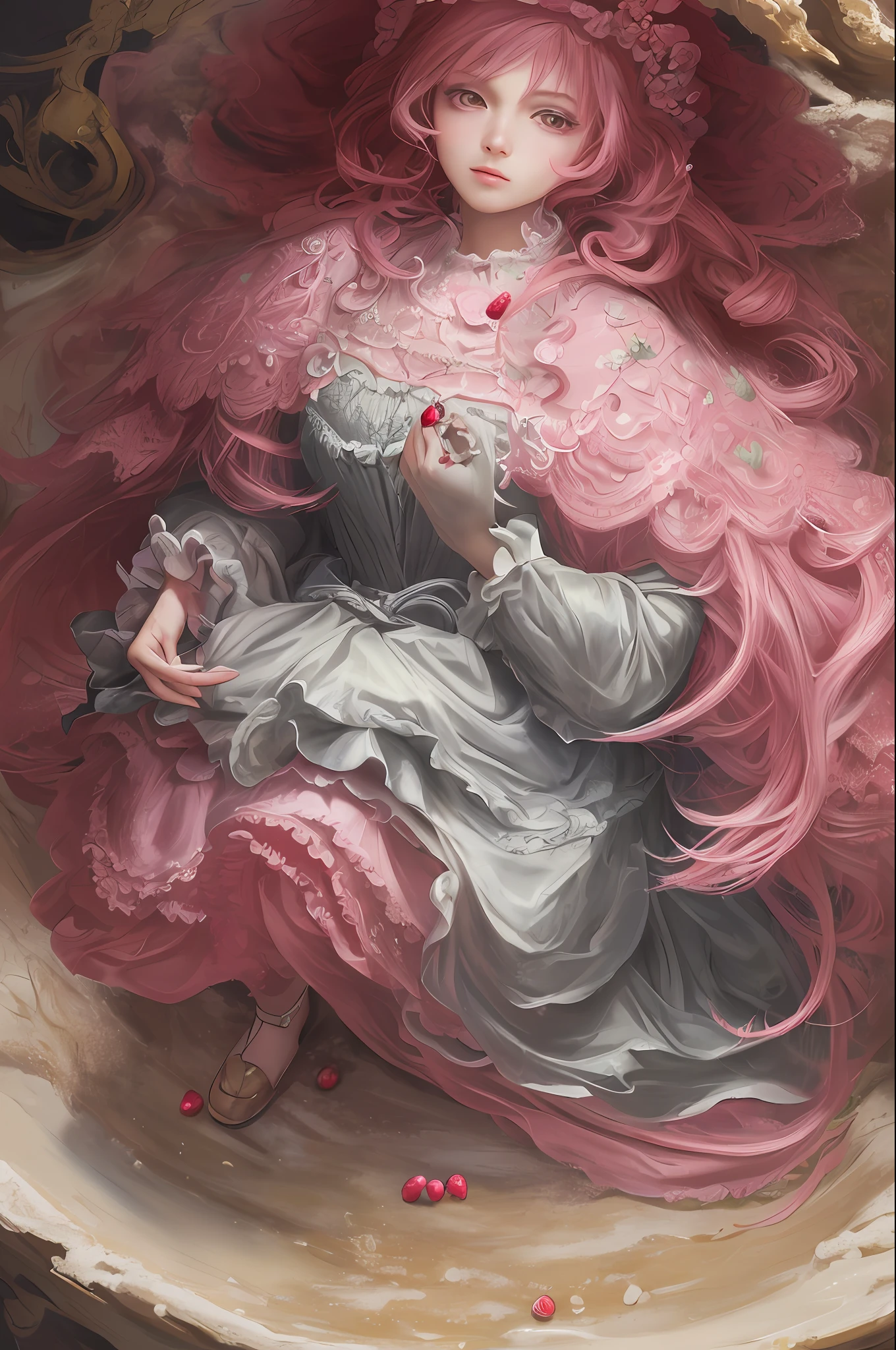 ( Absurd , High quality , ultra detailed, masterpiece, concept art, smooth, highly detailed artwork, hyper realistic painting ) Dreamy , Romantic , Vivid, girl , pink , strawberry shortcake character, cute , whole body ,