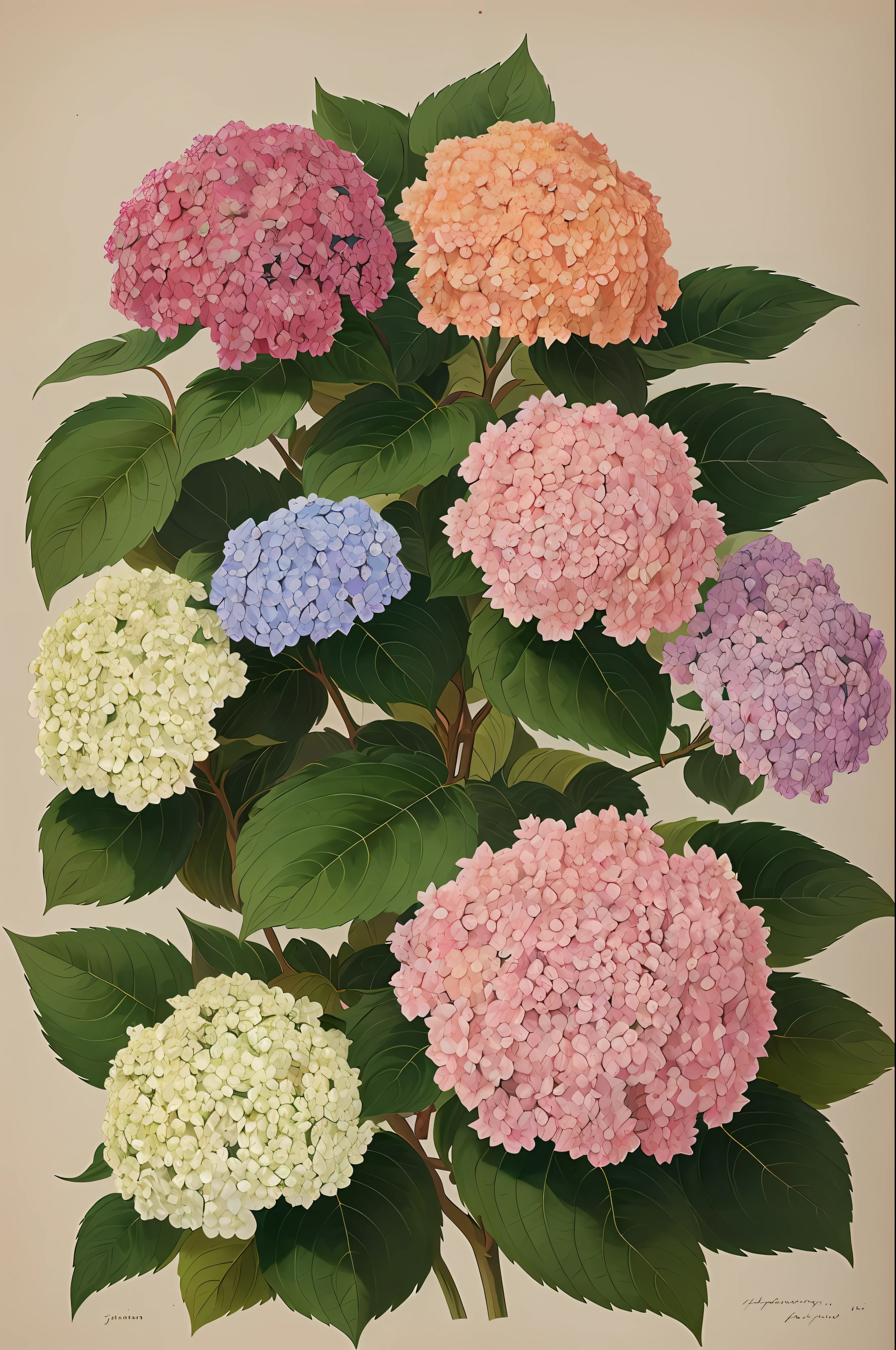 (Best quality: 1.2), (Details: 1.2), (Masterpiece: 1.2), high-resolution vintage botanical illustration by John Edwards, depicting hydrangeas of Grand Provence (1770 1775)