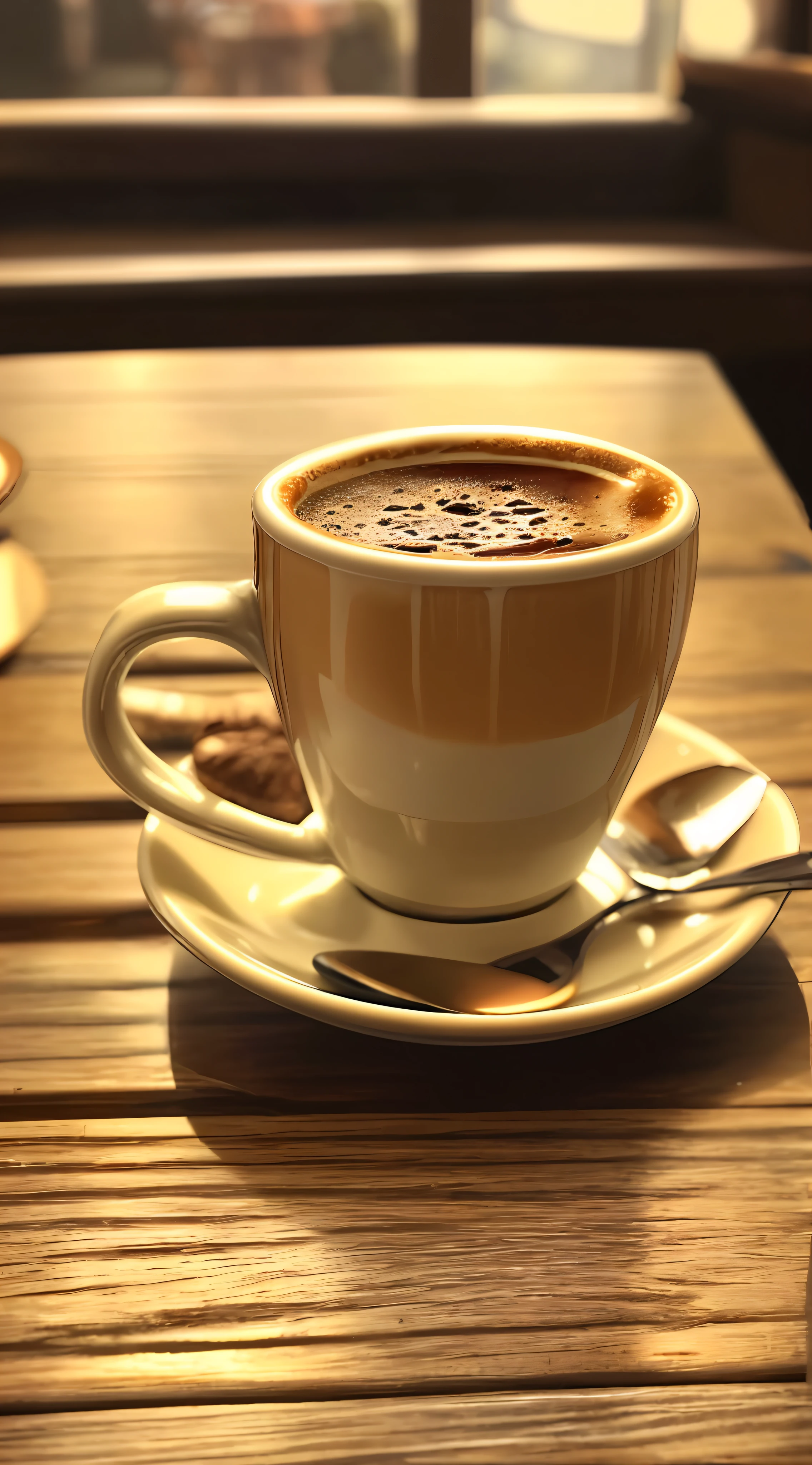 there is a cup of coffee on a saucer on a table, hot coffee, cup of coffee, morning coffee, coffee cup, coffee, huge cup of coffee, hot cocoa drink, cappuccino, drinking a cup of coffee, morning, steaming coffee, hard morning light, with a cup of hot chocolate, sitting on a mocha-colored table, morning golden hour