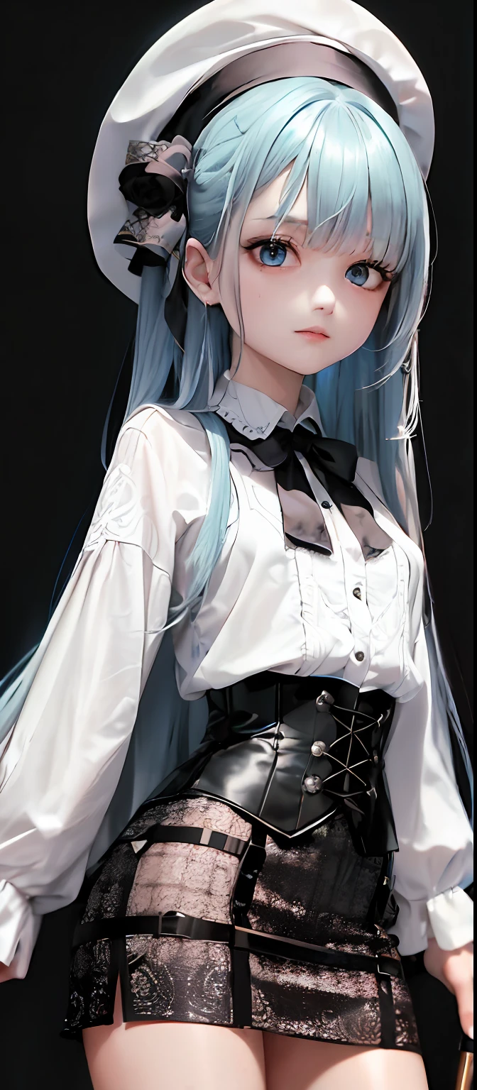 [1girl|solo], (masterpiece:1.1), (best quality:1.1), (intricate detailed Rocker [[White Ombr shirt:Black Appliqud with patches and motifs morning dress:0.85]:[Black Collared revealing clothes:Earth tones hip vent little black dress:0.15]:0.7]:1.25), (Tweed [[Coral Woolen A-line skirt:Turquoise Sleeveless tutu:0.05]:[Green Sheer thong:Orange Linen blouson:0.1]:0.1]:1.15),, [(NSFW:1.0):(NSFW:0.95):0.15],[medium:[large|medium]:0.35] breasts, corset, BREAK [black:pink:0.65] theme, (gradient background:1.1), portrait, BREAK [blond:sky blue :0.05] hair, blunt bangs,hime cut,long hair, side-ponytails, [blue:purple:0.85] eyes, intricate detailed black witch hat, holding wand,