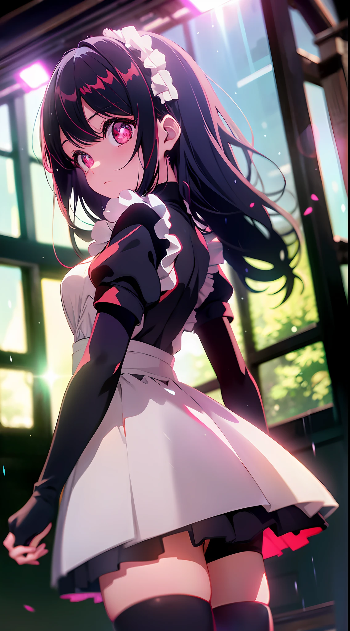 Fresh, anime, after the rain, maid girl, loli, red eyes, glowing eyes, black stockings, backlight, glow, look to the audience, low angle lens, look up lens, perfect composition, perfect light and shadow delicate, 8k