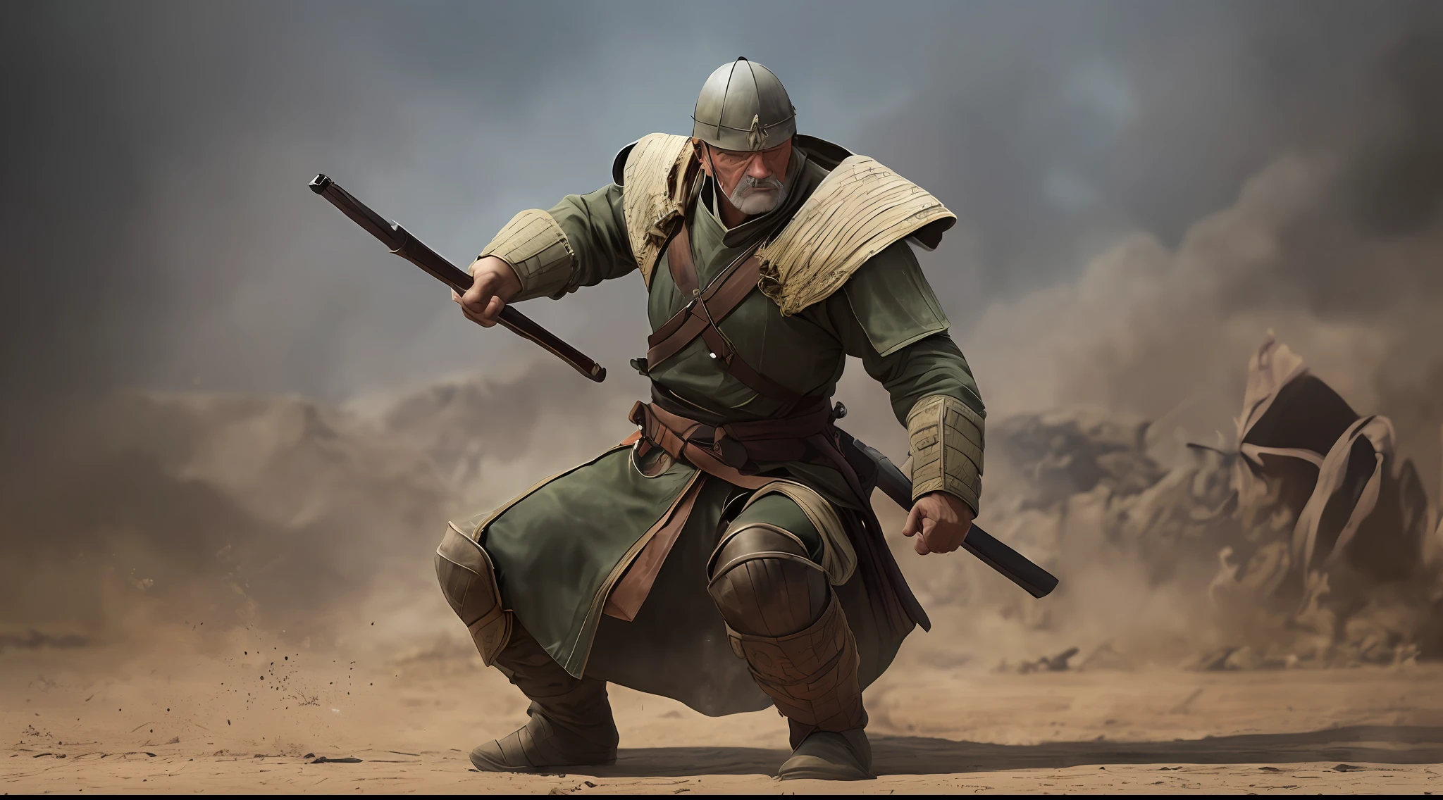 samurai man, age 50 years, on a battlefield, best quality, full body, side view detailed face --auto --s2