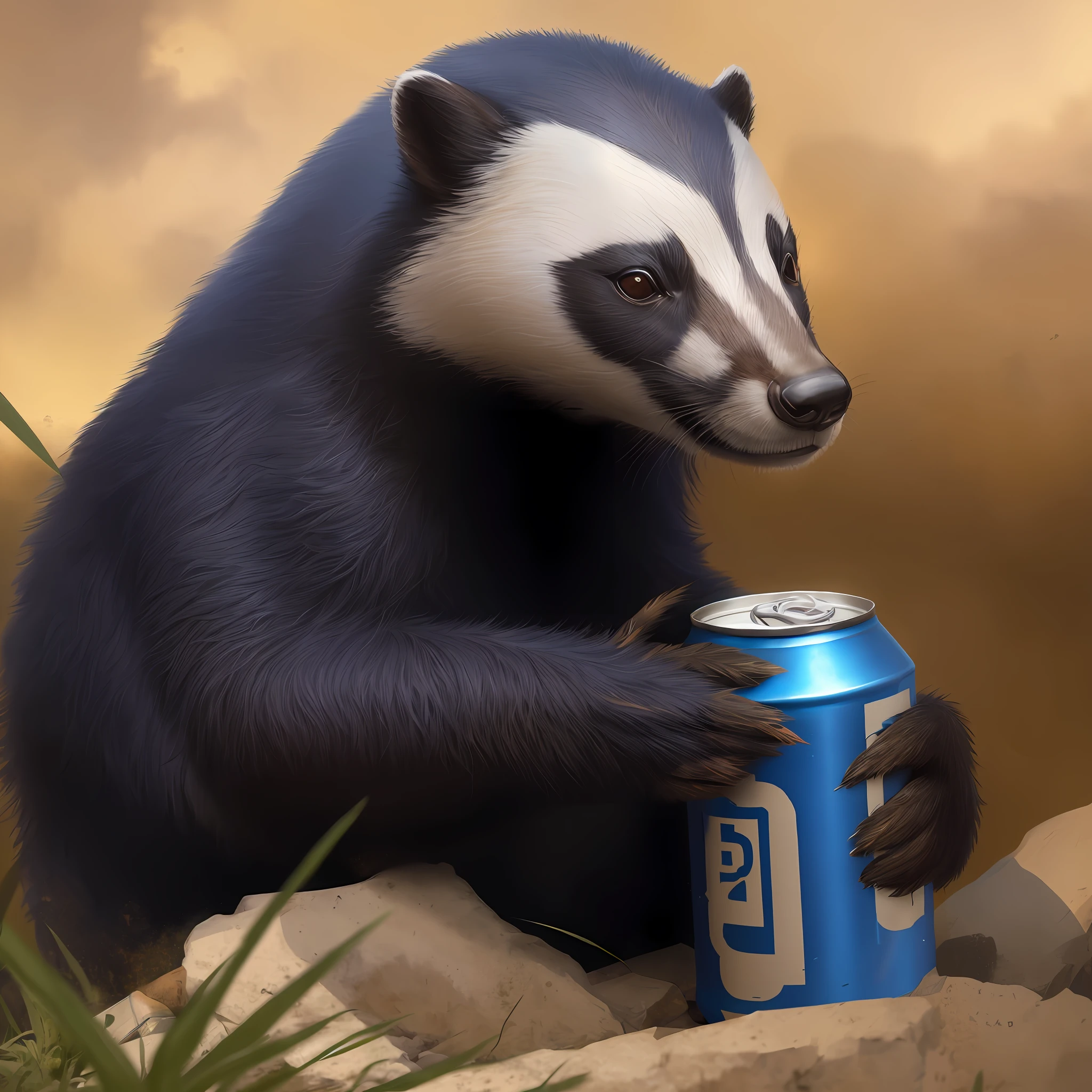 painting of a badger holding a can of beer in its paws, anthropomorphic badger, furry badger, badger, badger badger, alexey egorov, inspired by Joseph Badger, highly realistic concept art, wojtek fus, by Adam Marczyński, ultra realistic concept art, stefan koidl, by Aleksander Orłowski, realistic illustration