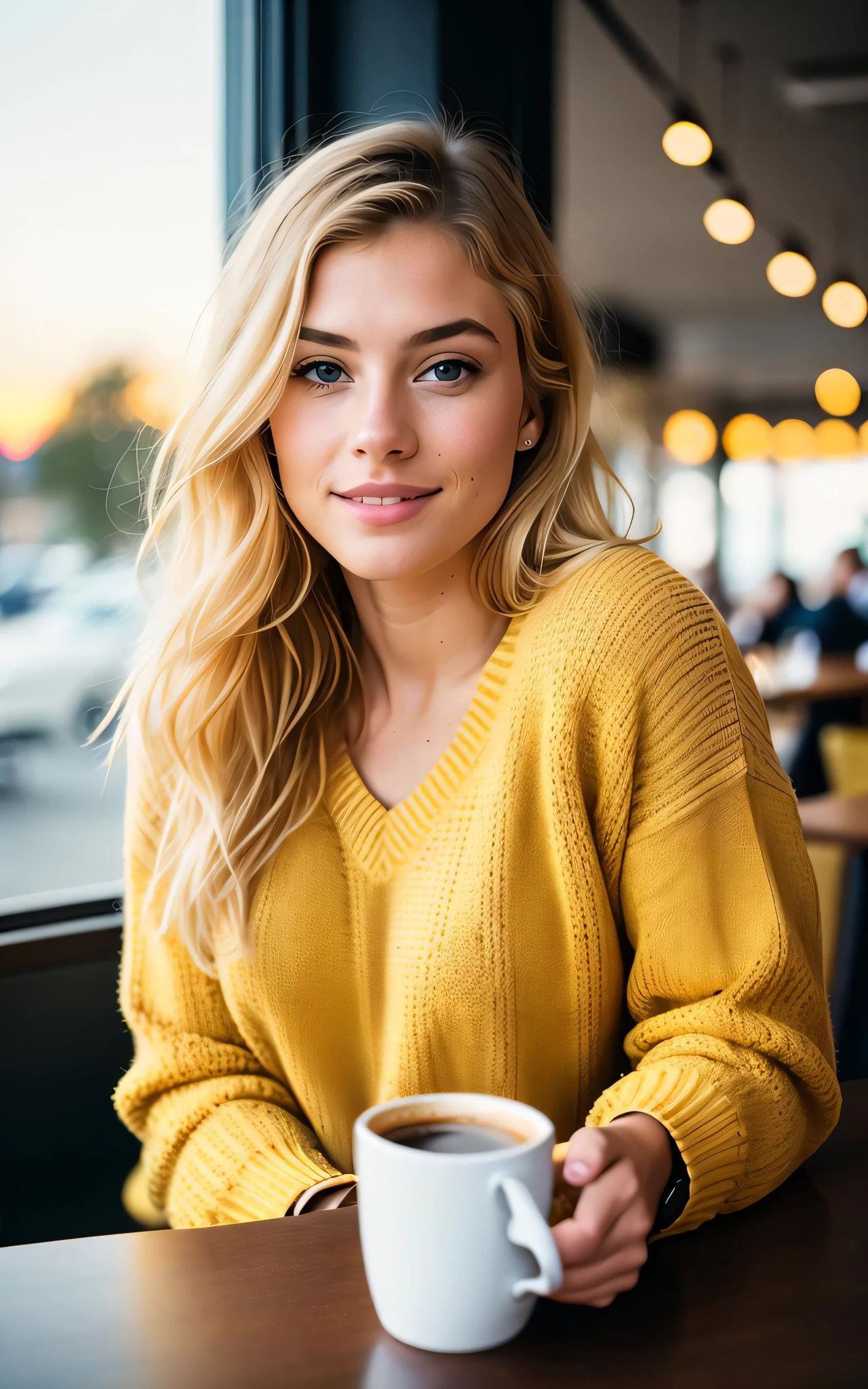 cute beautiful blonde wearing yellow sweater (drinking coffee inside a modern cafe at sunset), very detailed, 21 years old, inoccent face, natural wave hair, blue eyes, high-res, masterpiece, best quality,intricate details, highly detailed,sharp focus, detailed skin,realistic skin texture,texture, detailed eyes, professional, 4k, charmer smile, shot on Canon, 85mm,shallow depth of field,kodak vision color, perfect fit body, extremely detailed, photo_\(ultra\), photorealistic, realistic, post-processing, max detail, roughness, real life, ultra realistic, photorealism, photography, 8k uhd, photography