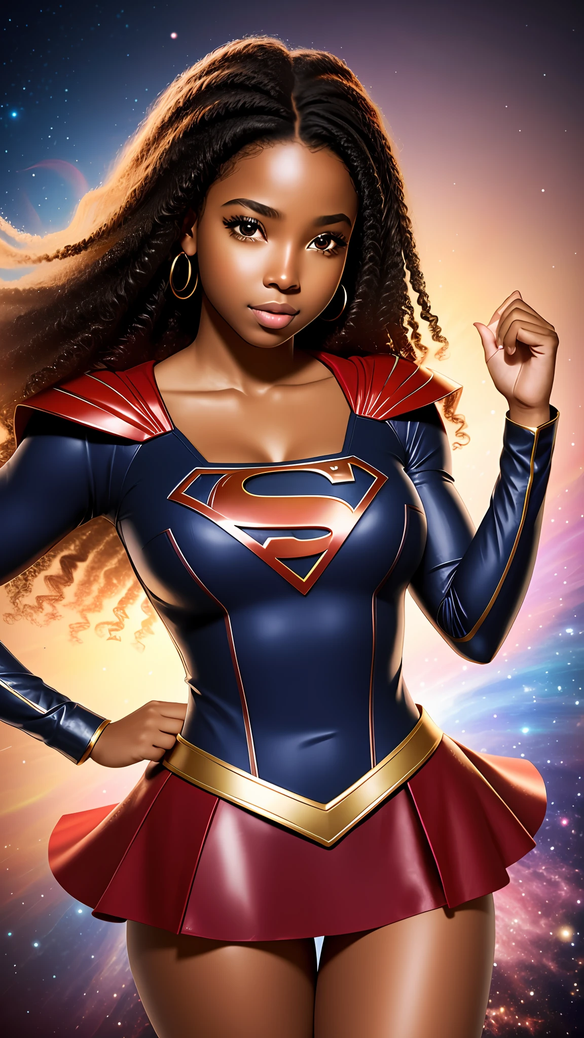 photographic portrait of a Black girl ,Supergirl, colorful and realistic round eyes, dreamy magical atmosphere, superheroine costume, (medium breasts : 1,3),