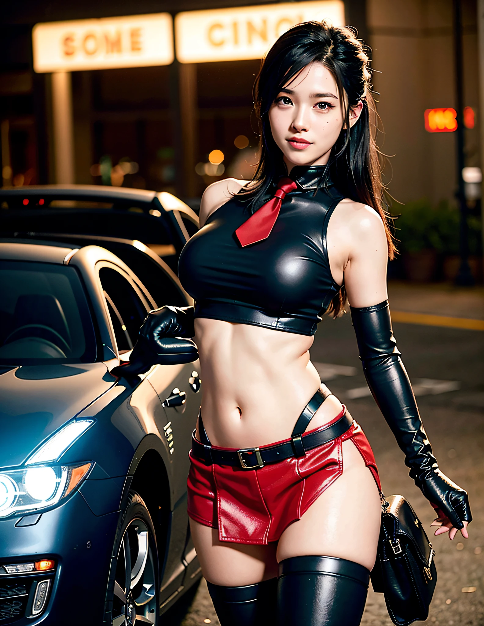 (8K, Best Quality, Masterpiece:1.2), (Realistic, Photorealistic:1.37), Ultra Detail, 1 Girl,Cute, Solo, (Tipha Lockhart), (Big),(Beautiful Detailed Eyes), (Smile:1.2), (Smile), (Erotic Pose), Dance, Neon Lights, Cityscape, Depth of Field, Dark Strong Shadows, Sharp Focus, Car, Motion Blur, Motorbike, depth of field, good composition, light glowing green, final fantasy vii, dating,(blush), single elbow pads, ankle boots, black hair, black thighs, red boots, elbow gloves, elbow pads, fingerless gloves, taut shirt, sports bra, (suspender black skirt), thighs, white tank top, full body, headrest, lips, (pretty face), long low tie hair, (( red_eyes)), (Luxury Car), (Night: 1.3), Complex, Bokeh, Movie Lighting, Photon Mapping, Radiosity, Physically Based Rendering, (Tetsuya Nomura Style), Perfect Breasts