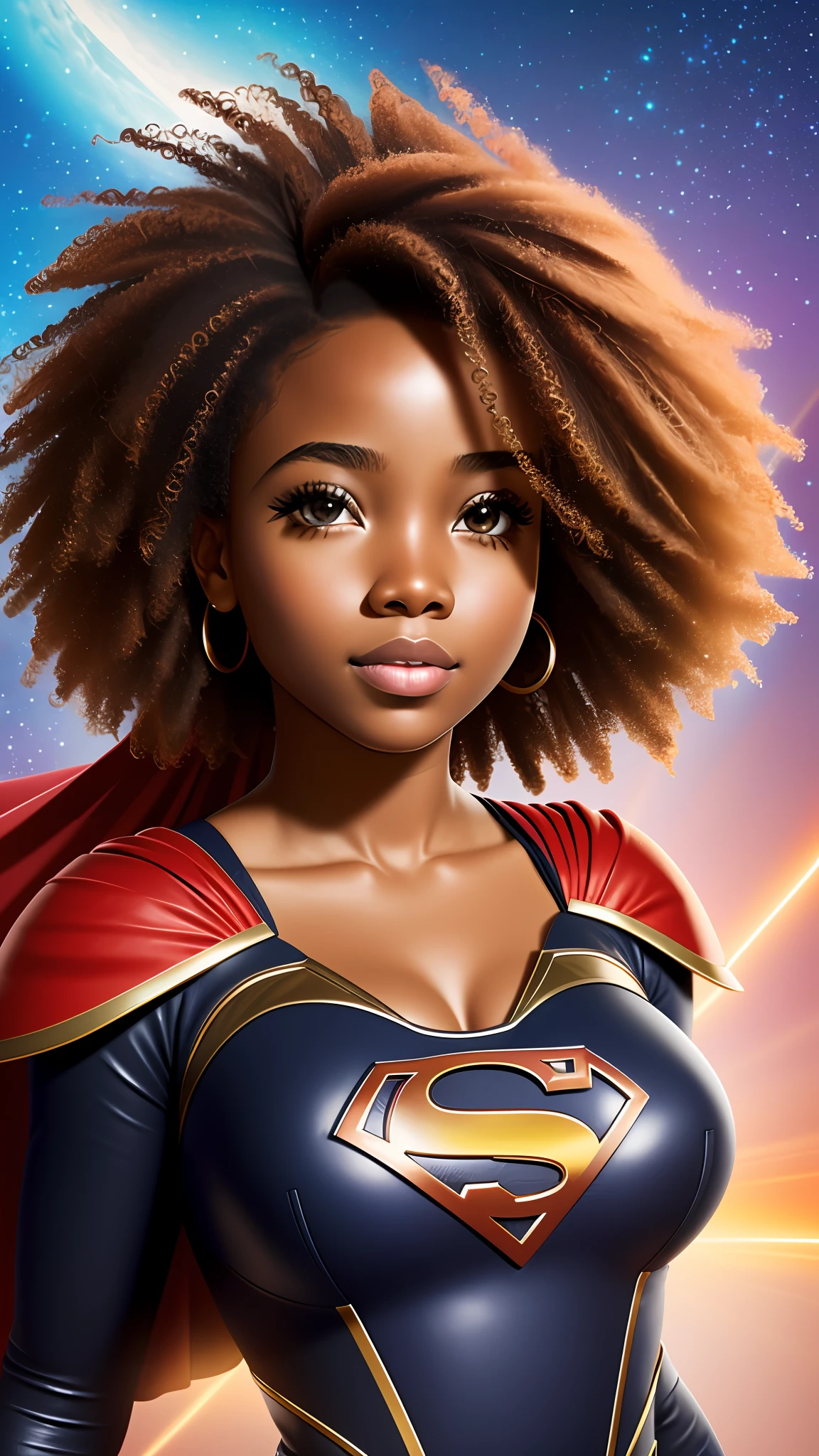 photographic portrait of a Black girl ,Supergirl, colorful and realistic round eyes, dreamy magical atmosphere, superheroine costume, (medium breasts : 1,3),