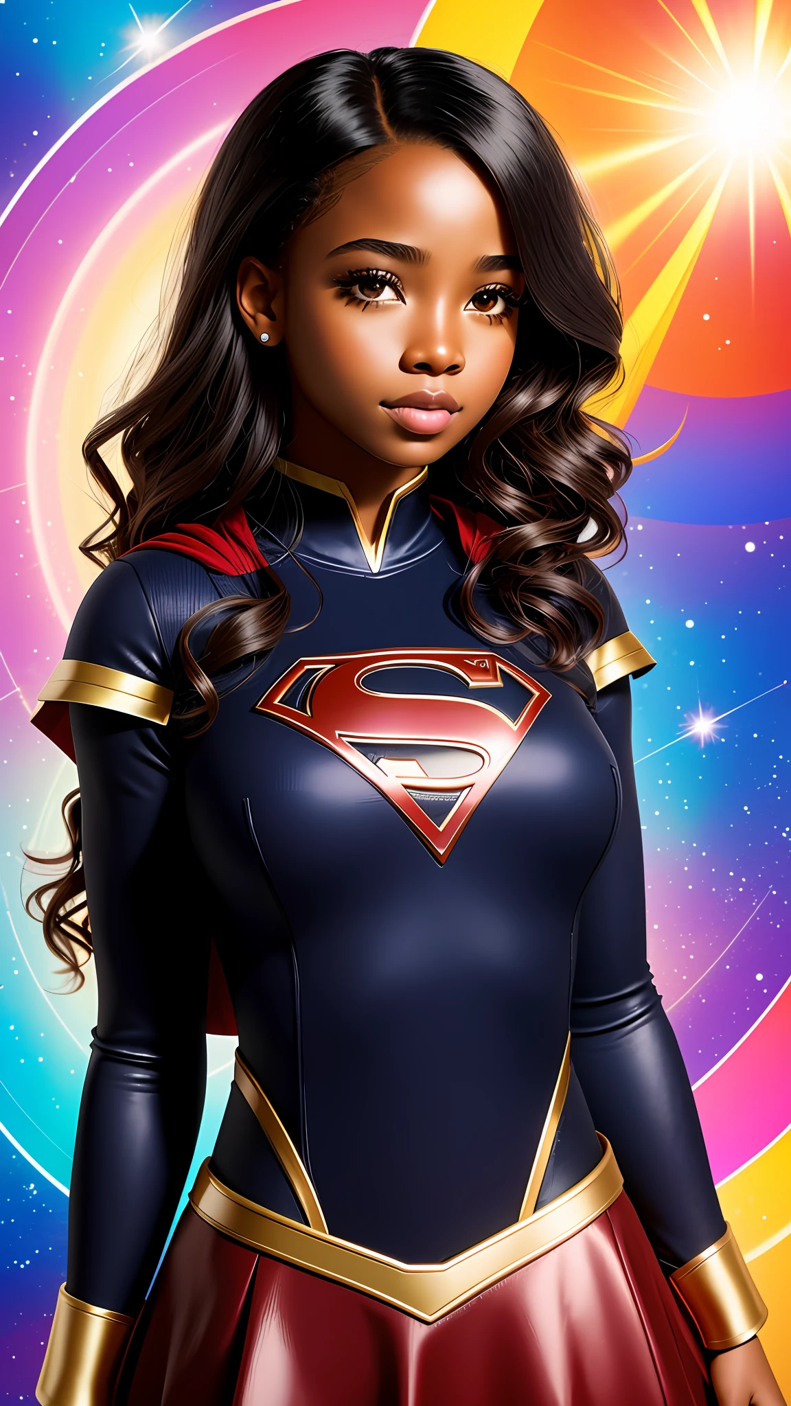 photographic portrait of a Black girl ,Supergirl, colorful and realistic round eyes, dreamy magical atmosphere, superheroine costume, (medium breasts : 1,3),
