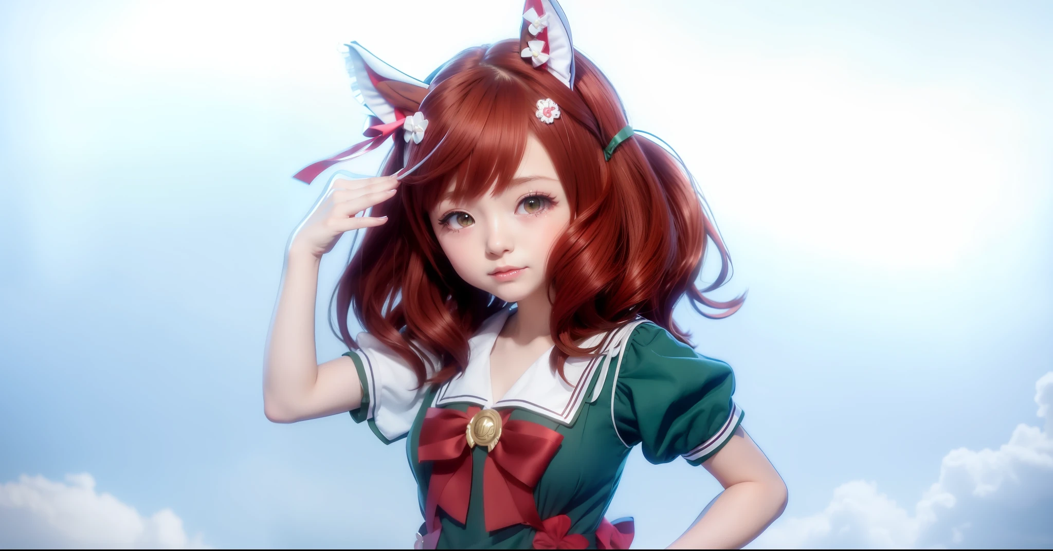 anime girl with red hair and a blue dress and a green bow, loli, anime girl with cat ears, rin, anime moe artstyle, girl with cat ears, marin kitagawa fanart, nishimiya shouko, sayori, rei hiroe, kantai collection style, makoto, waifu, toko fukawa, mihoyo art style