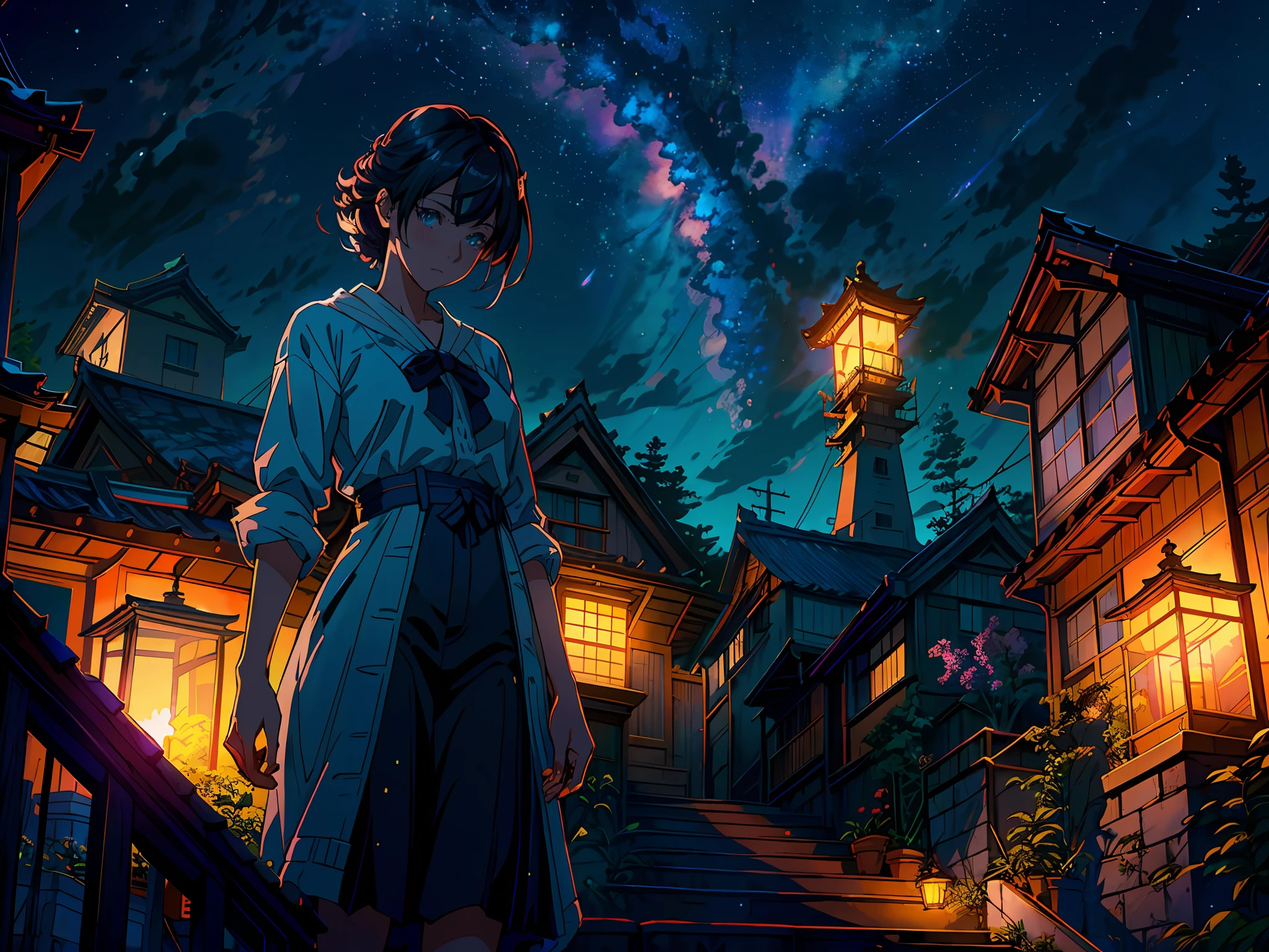 Realistic, real life, beautiful Cute Girl standing on a roof looking in the sky, detailed city below with lantern, extremely detailed by greg rutkowski makoto shinkai kyoto animation key art feminine mid shot, style of laurie greasley, studio ghibli, akira toriyama, james gilleard, genshin impact, trending pixiv fanbox, acrylic palette knife, 4k, vibrant colors, devinart, trending on artstation,octane render, bioluminescent,8K resolution concept art, realism,by Mappa studios,masterpiece,best quality,official art,illustration,ligne claire,(cool_color),perfect composition,absurdres, fantasy,focused,night, starry night, crescent moon, shooting stars,stars