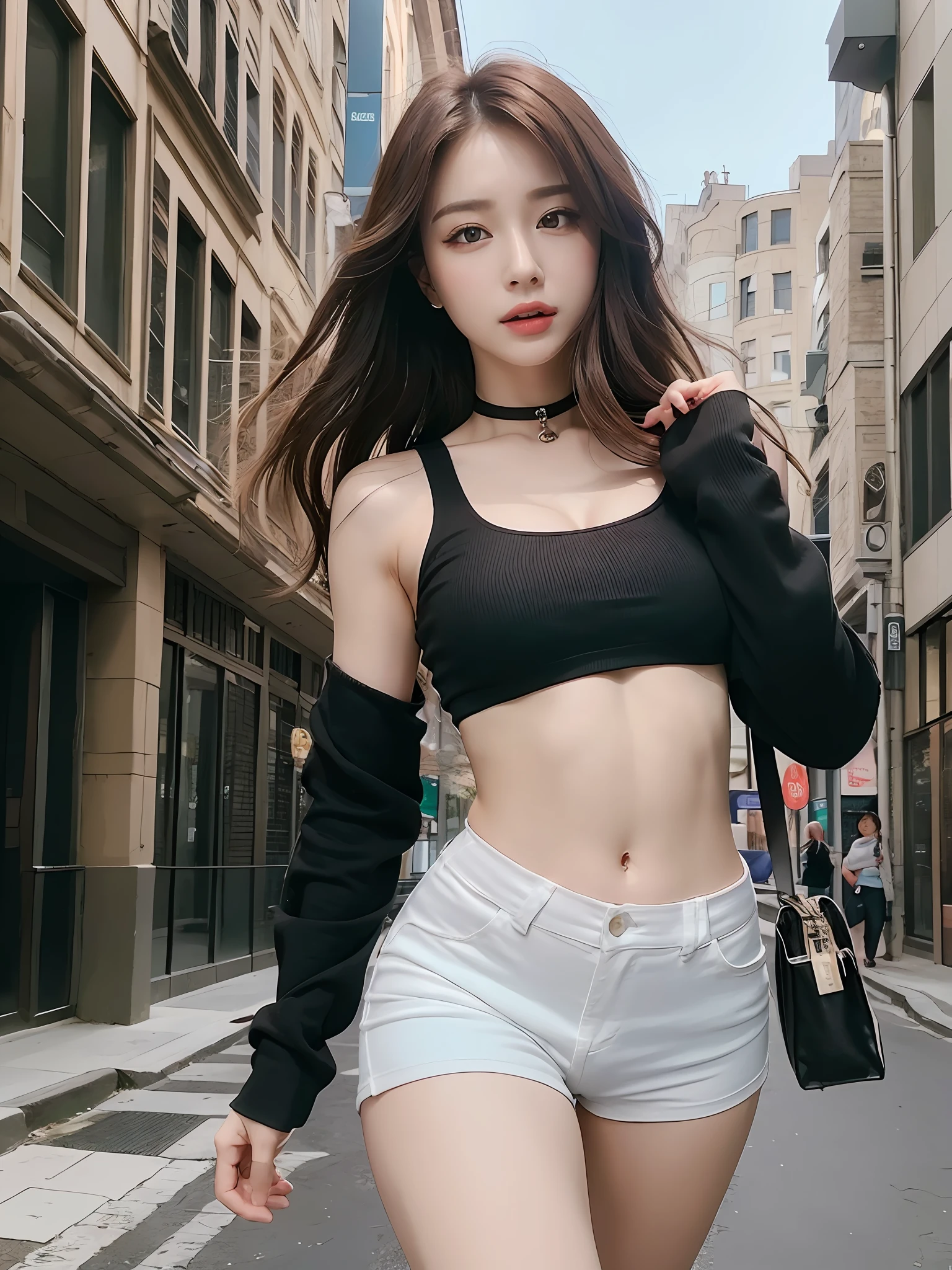 ((Realistic lighting, Best Quality, 8K, Masterpiece:1.3)), Clear focus: 1.2, 1girl, Perfect Body Beauty: 1.4, Slim Abs: 1.1, ((Dark brown hair)), (White crop top: 1.4), (Outdoor, Night: 1.1), Hot pants, shorts, tight,, Bust, Bust, City Street, Super Fine Face, Fine Eyes, Double Eyelids,