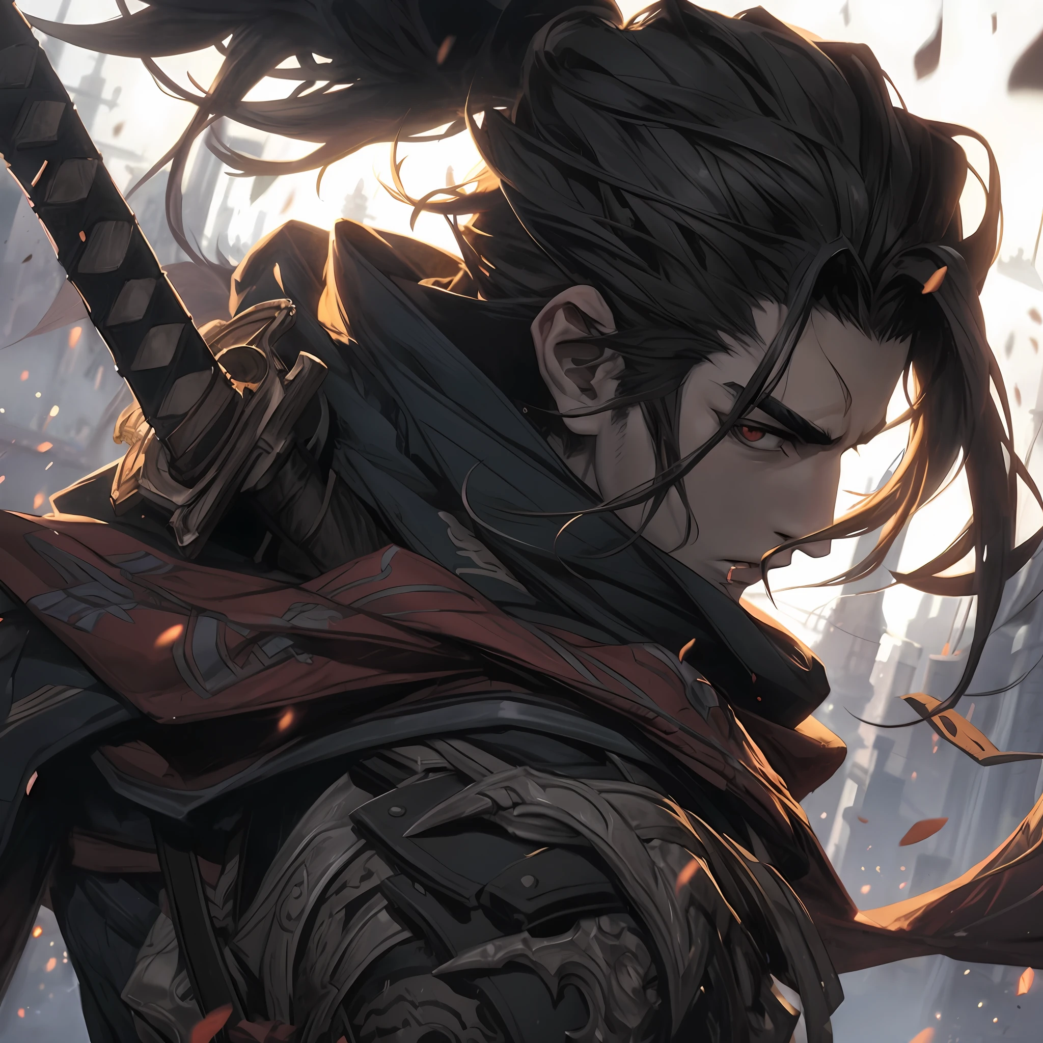 anime character with sword in hand in front of a city, handsome guy in demon slayer art, badass anime 8 k, by Yang J, detailed digital anime art, 4 k manga wallpaper, anime art wallpaper 4 k, anime art wallpaper 4k, 2. 5 d cgi anime fantasy artwork, chengwei pan on artstation, detailed anime character art, fanart best artstation
