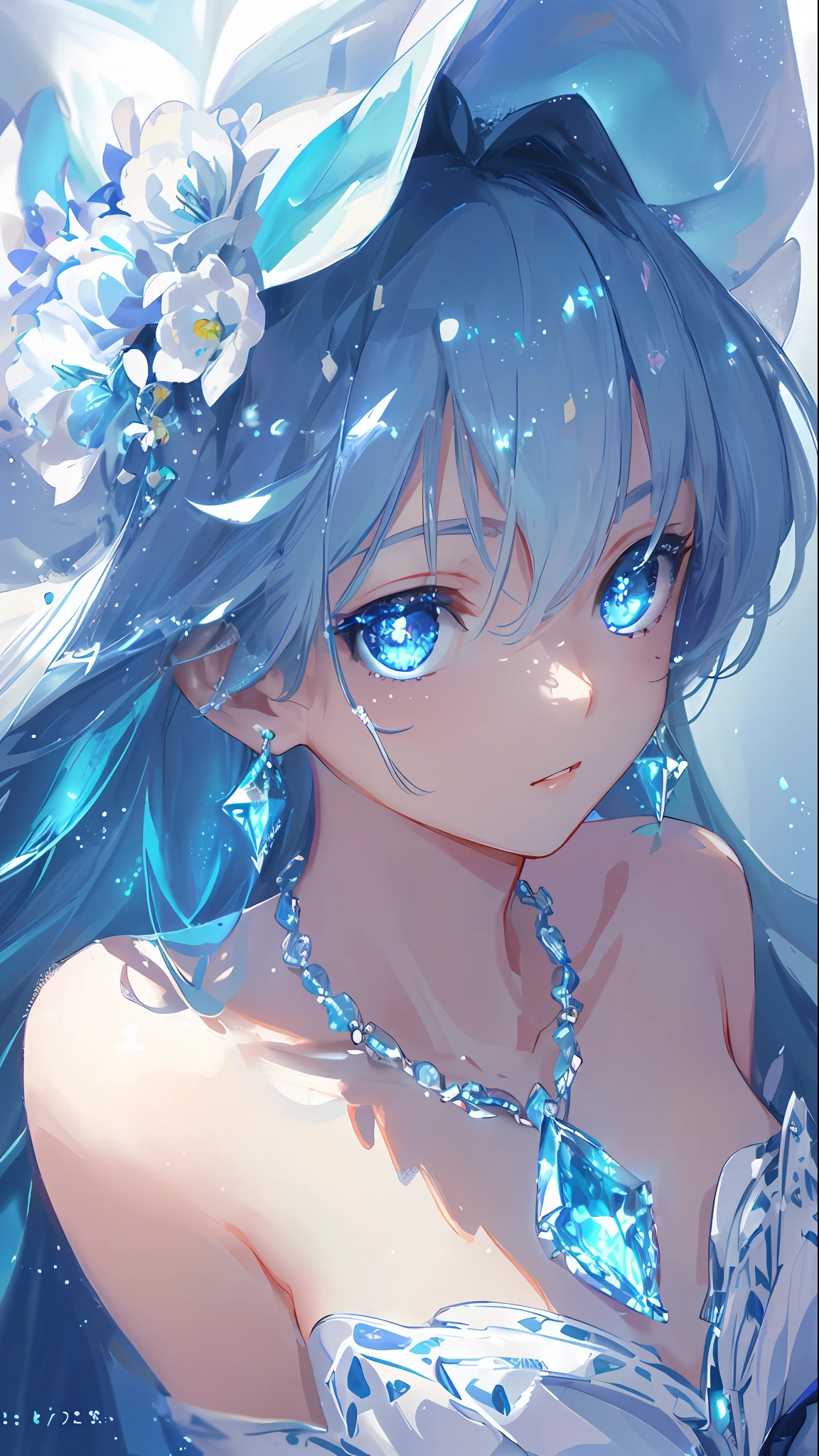 masterpiece, best quality, illustration, sax blue, platinum earrings, platinum necklace, white dress, 1girl, cute, (dynamic lighting:1.2), cinematic lighting, delicate facial features, detailed eyes, sharp pupils, realistic pupils, depth of field, bokeh, sharp focus, (hyper-detailed, bloom, glow:1.4), many small gems