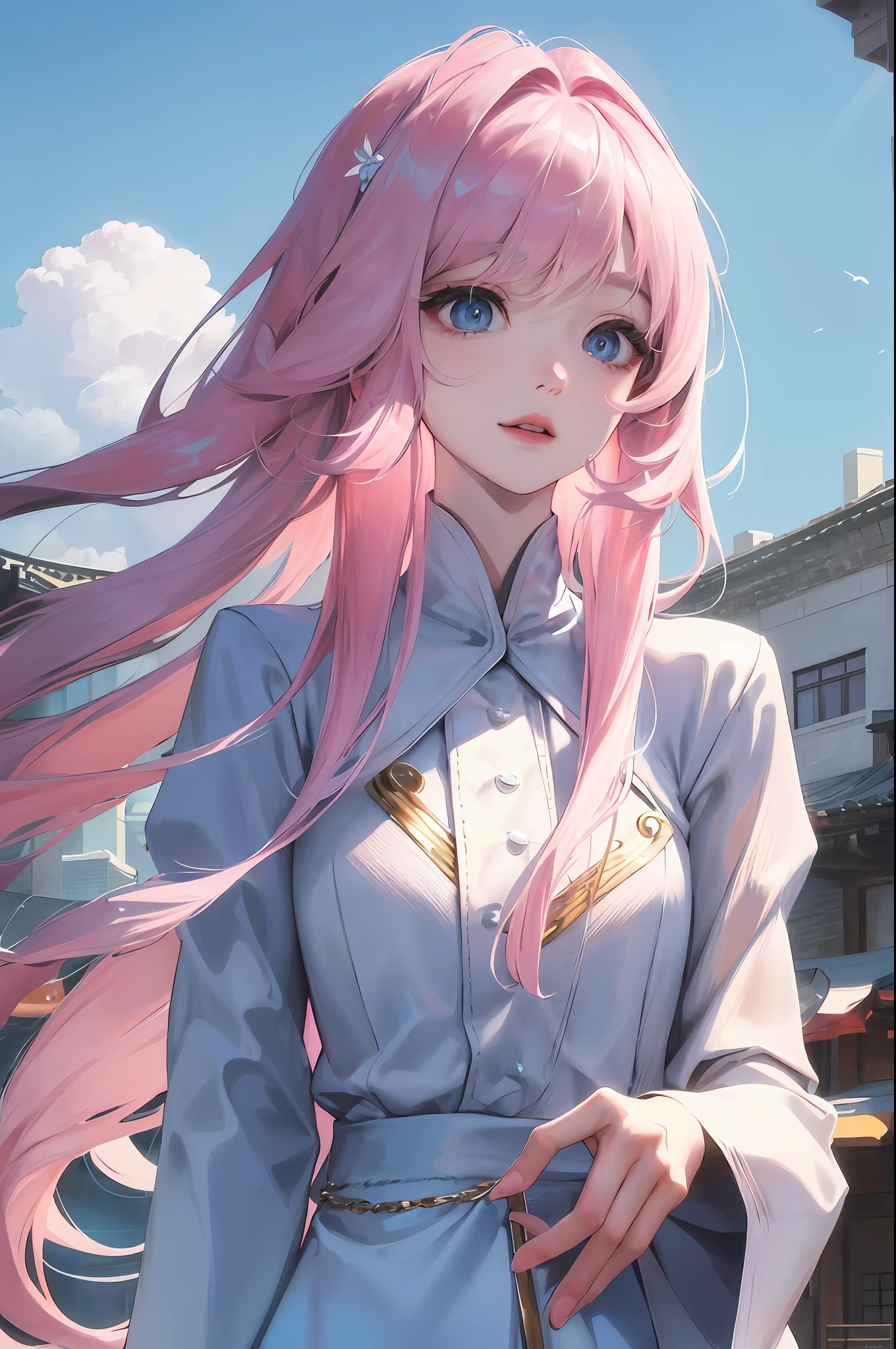 Official fine art, masterpieces, sharp focus, (Beautiful gorgeous cute Korean woman: 1.3), (Beautiful cute Korean: 1.3), Korean beauty, delicate beautiful hair and eyes and face, realistic, super detailed, beautiful girl, backpack, blue sky, glowing white particles, (sidelighting: 1.2), sunlight, white clouds, delicate clouds, slender, smile, scenery, long straight hair, buildings, dynamic hair, long straight hair, fine platinum pink hair, glowing blue eyes, hair accessories, epic scenery,