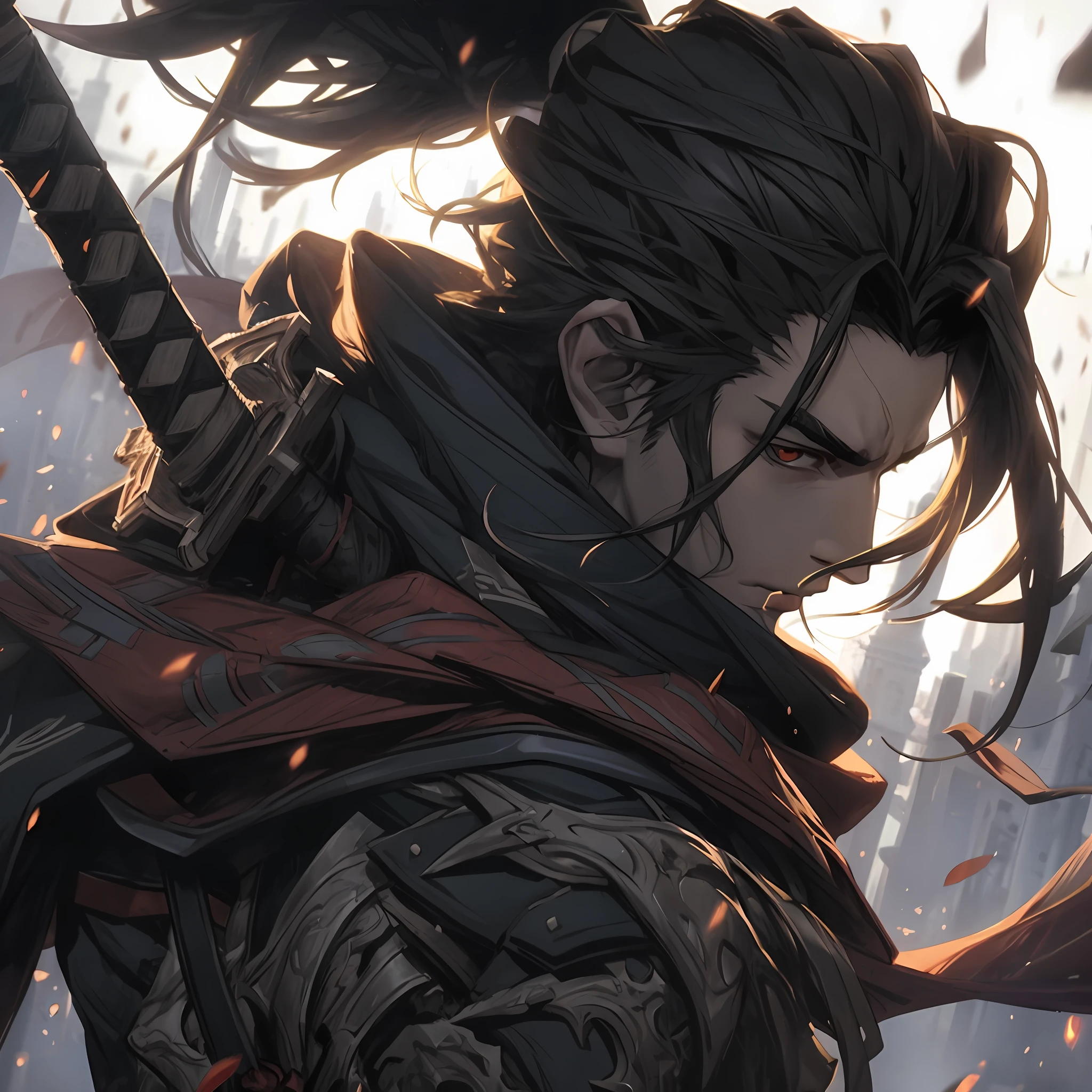 anime character with sword in hand in front of a city, handsome guy in demon slayer art, badass anime 8 k, by Yang J, detailed digital anime art, 4 k manga wallpaper, anime art wallpaper 4 k, anime art wallpaper 4k, 2. 5 d cgi anime fantasy artwork, chengwei pan on artstation, detailed anime character art, fanart best artstation
