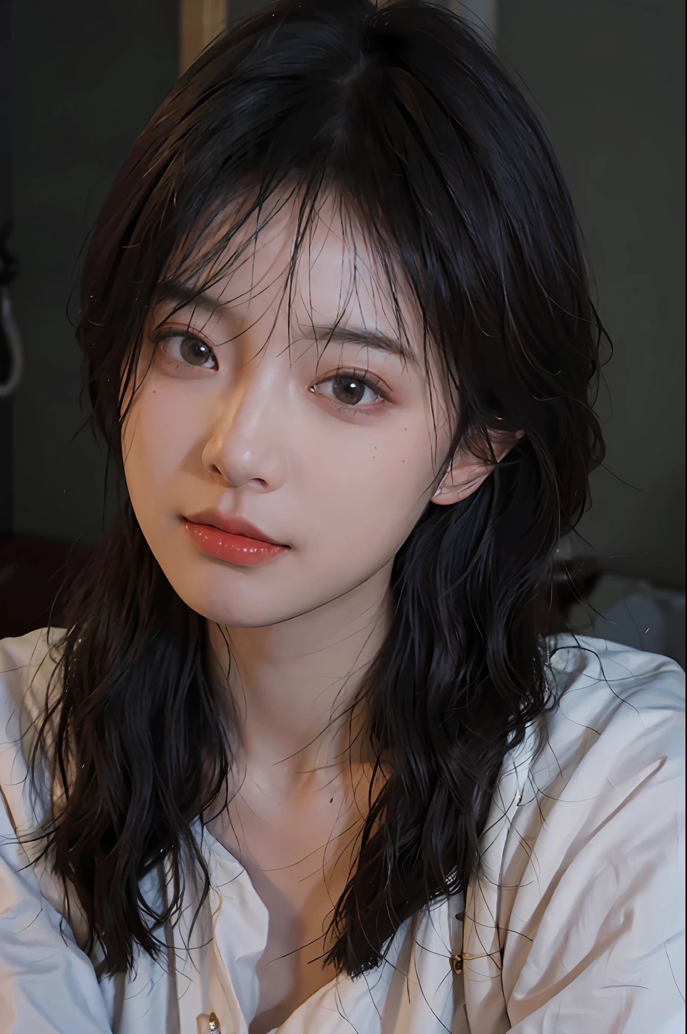 8K, Best Quality, Masterpiece, Ultra High Resolution, (Realism: 1.4), Original Photo, (Realistic Skin Texture: 1.3), (Film Grain: 1.3), (Selfie Angle), 1 Girl, Beautiful Eyes and Face Details, Masterpiece, Best Quality, Close-up, Upper Body, Looking at the Viewer